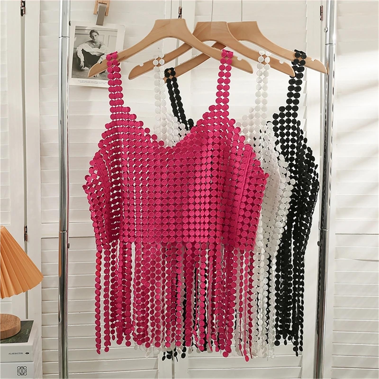 Top con Frange Top con Frange da Donna, a Pois, Scollo a V, Tinta Unita, Trasparenti, Senza Maniche, all'Uncinetto per Le Donne(Black)