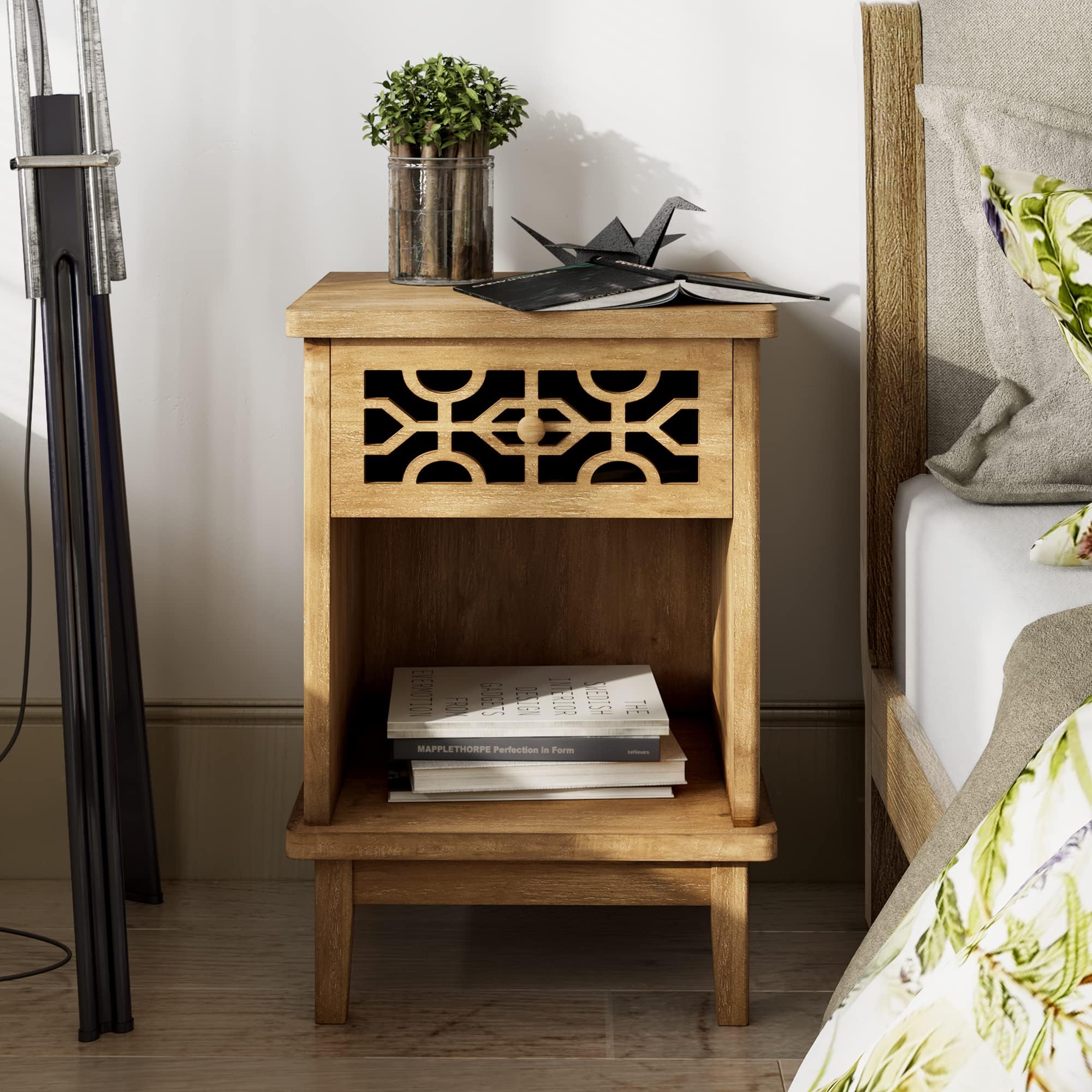 MUSEHOMEINC Rustic Wood 3Tier Nightstand with Storage