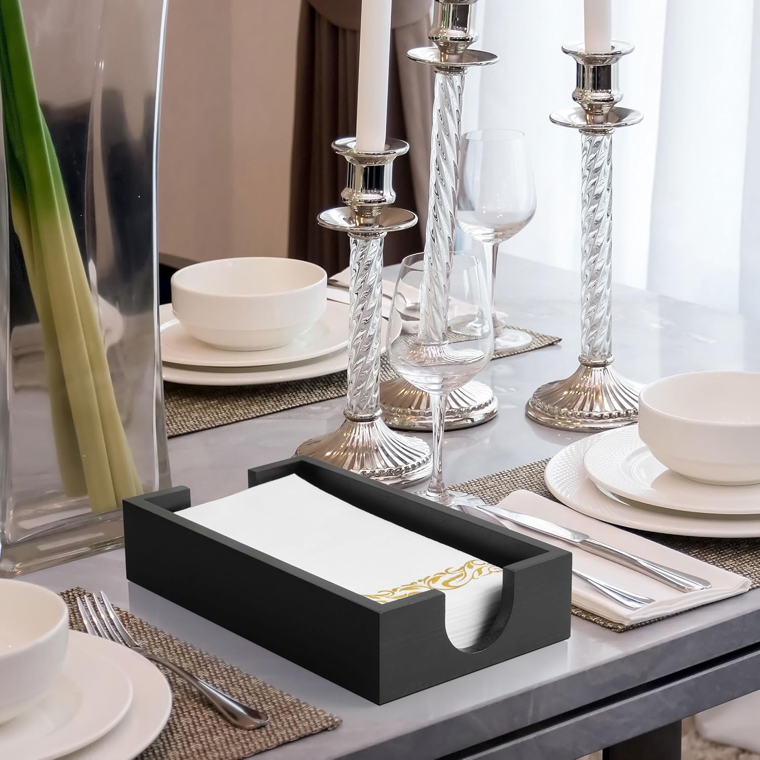 Napkin Holder for Bathroom, Wooden Guest Towel Holder Tray for Bathroom, Disposable Paper Hand Towel Holder for Bathroom Accessories, Dinner Napkin Holder for Kitchen Table Party, Black - Image 5