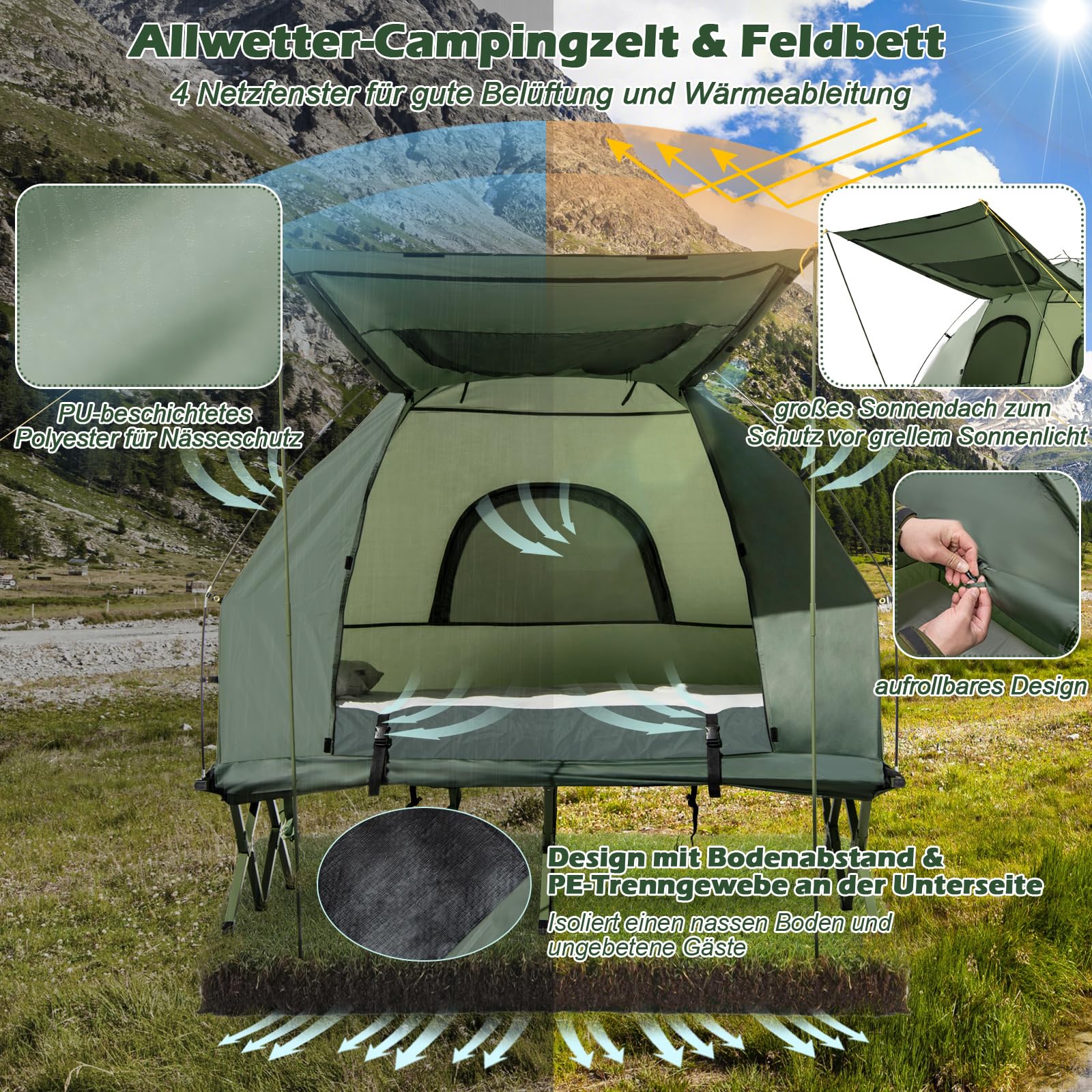 GOPLUS Cuna con tienda de campaña para 2 personas, tienda de campaña 5 en 1 impermeable con protección solar, colchón de aire, almohada, saco de dormir y bolsa de transporte, tumbona de camping para