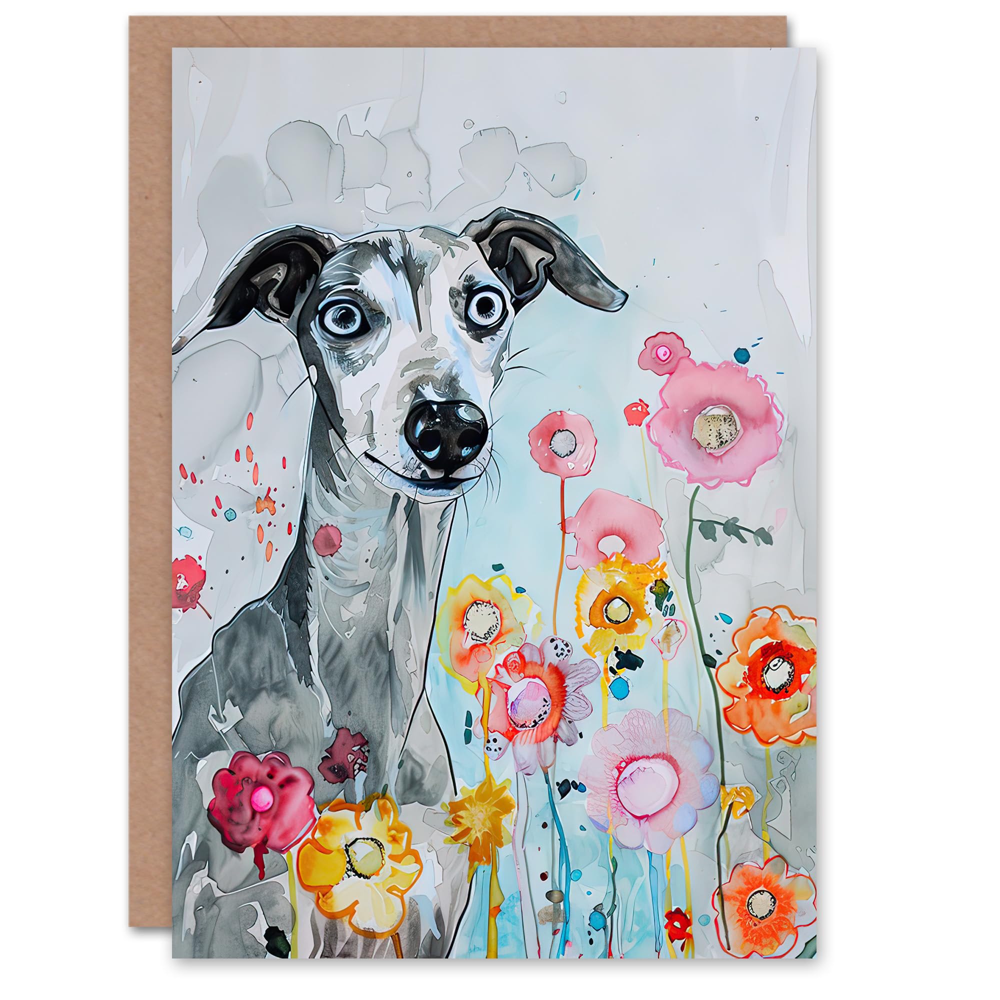 Artery8 Greeting Card Dog Lover Whippet with Spring Flowers Watercolour For Her Woman Birthday Card