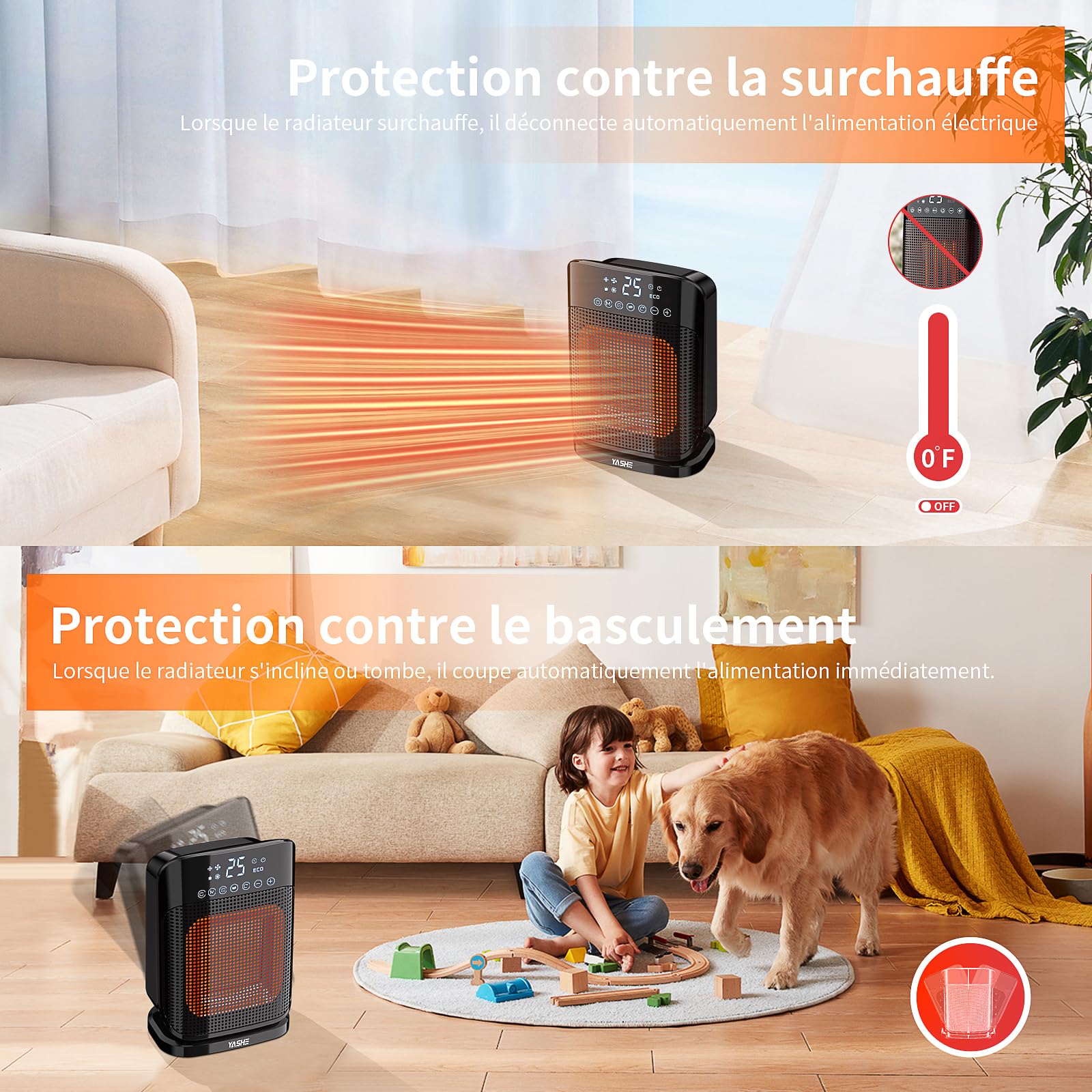 YASHE Chauffage d'appoint 1800W, Radiateur électrique en céramique PTC avec thermostat, minuterie 24h, télécommande, oscillant 75°, protection anti-surchauffe et anti-basculement, mode ECO