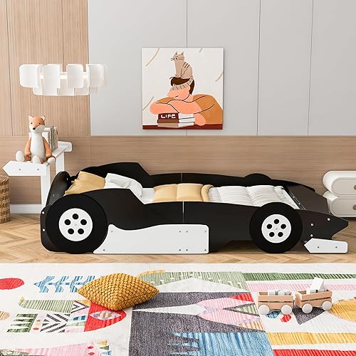 Miniatura 3 de Cama de plataforma en forma de auto de carreras con ruedas, cama de plataforma de tamaño matrimonial con soporte de listones de madera y barandillas