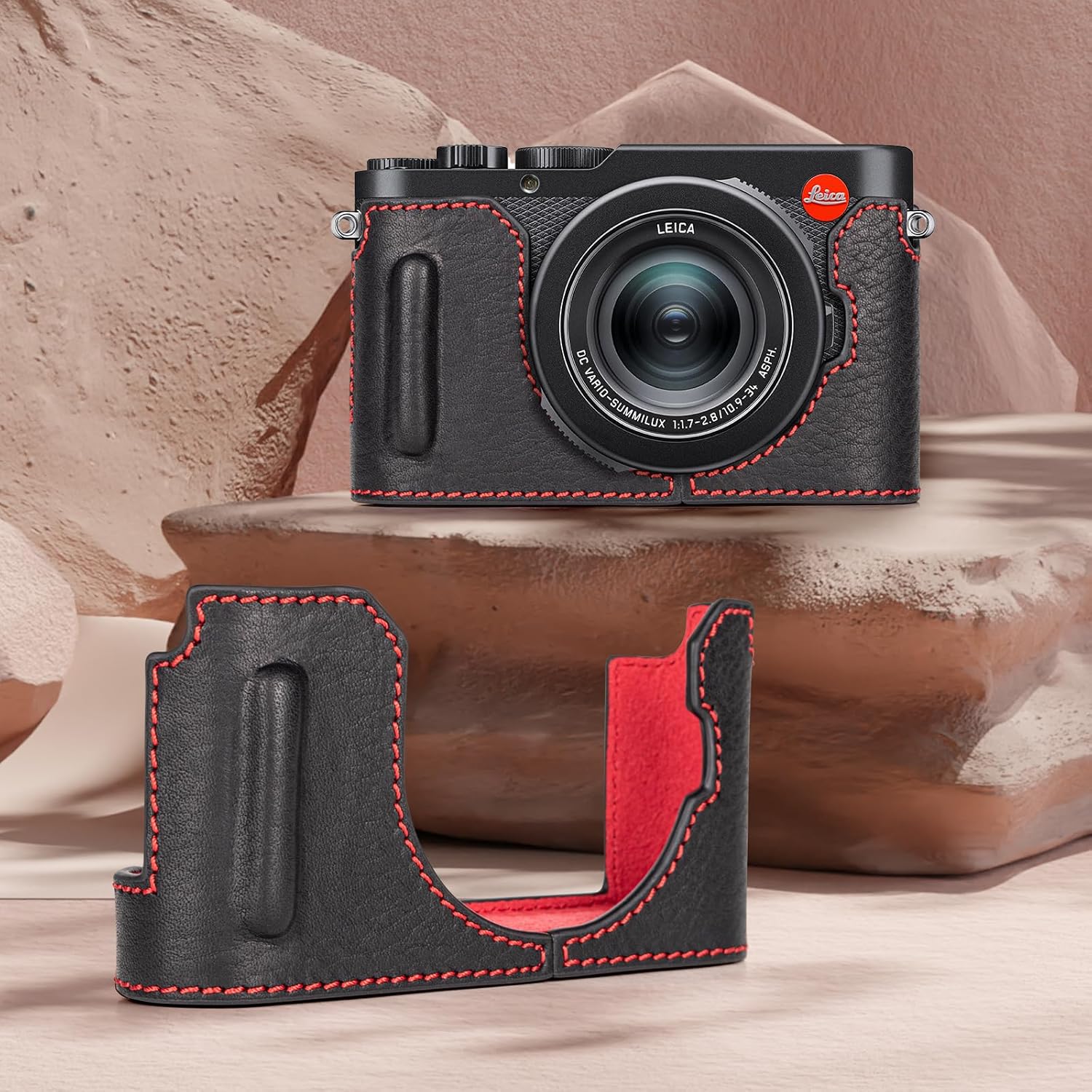 MUZIRI KINOKOO Case for Leica D-LUX 8 Camera - Retro Style Genuine Leather Half Protective Case for Leica D LUX 8/ D-LUX8 Camera - with Opening Bottom and Hand Grip Design - Black Red