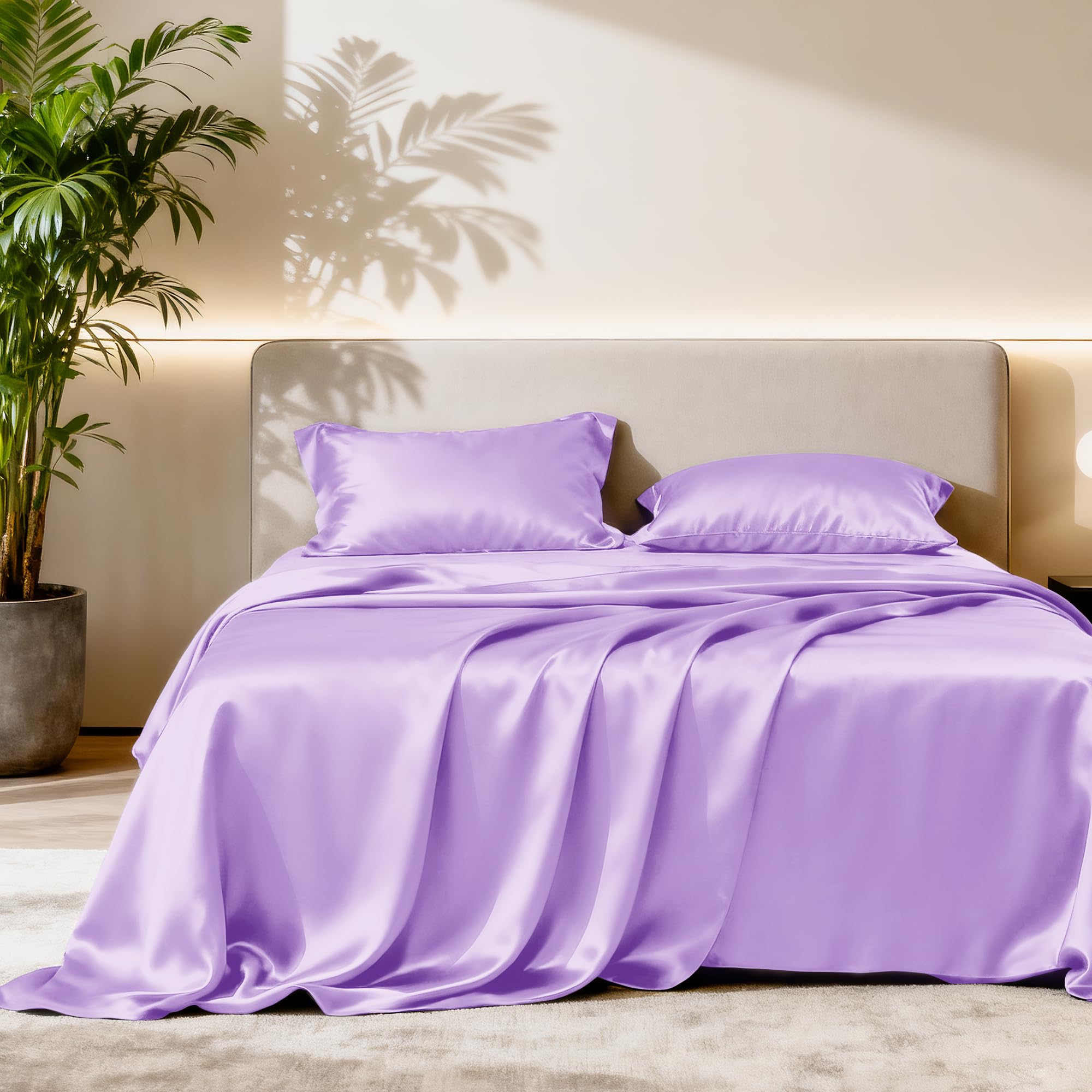 Love's cabin Satin Queen Sheets Set - 4 Piece Lavender Silky Bed Sheets with Deep Pocket, Luxury Silk Feel Satin Queen Size Sheet Set (1 Flat Sheet,1