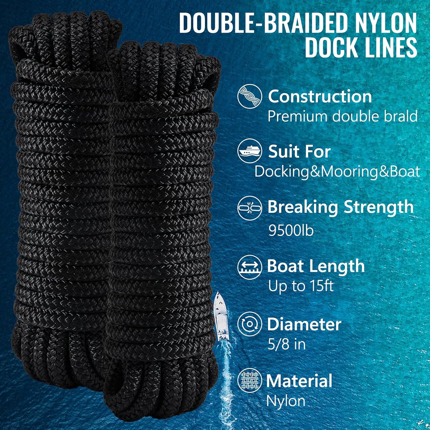 4 Pack 5/8" x 15' Boat Dock Lines Premium Marine- Grade Double Braided Nylon Boat Ropes,Pre-Spliced with a 15" Eyelet,High Strength Boat Lines Dock Rope, Easy Handling-Black