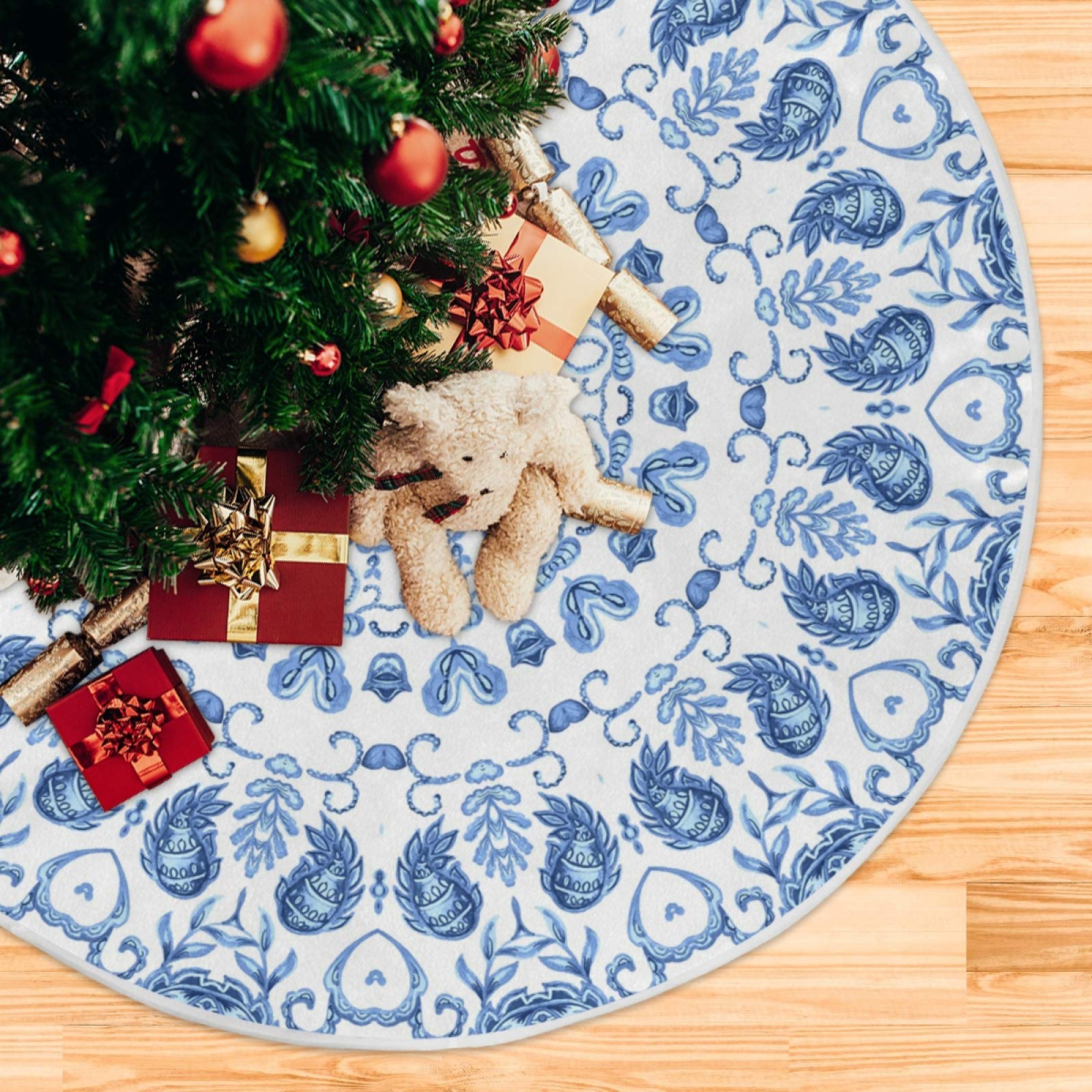 Aflyko Blue Christmas Tree Skirt Xmas Tree Base Cover Mat Holiday Party Decor 35.4