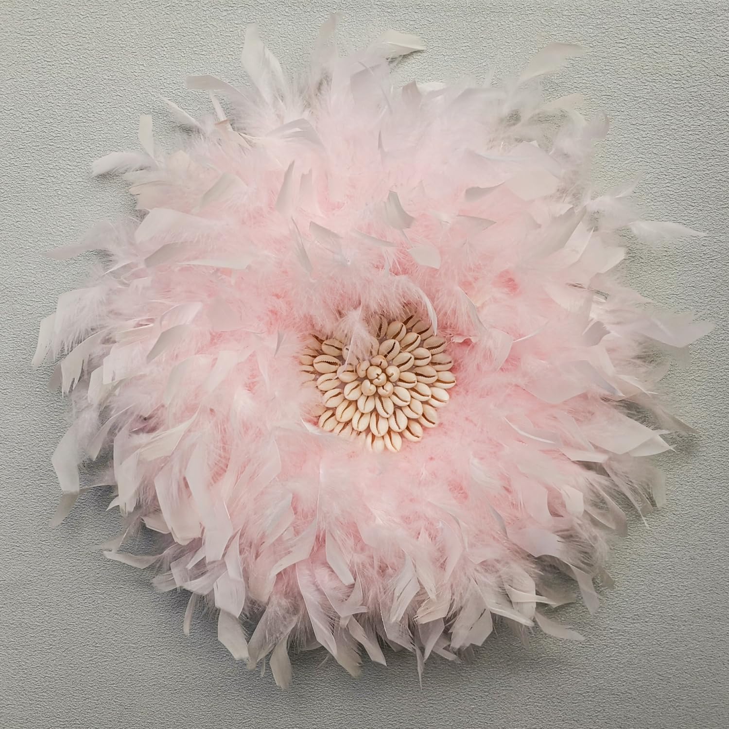 Teinopalpus Flower Wall Decor Multiple Layer Handcrafted Feather JUJU HAT Decoration Cowrie Shells for Balcony Patio Porch Bedroom Living Room Garden,Grey 18" in (Pink 18" in, 45cm / 18" in)