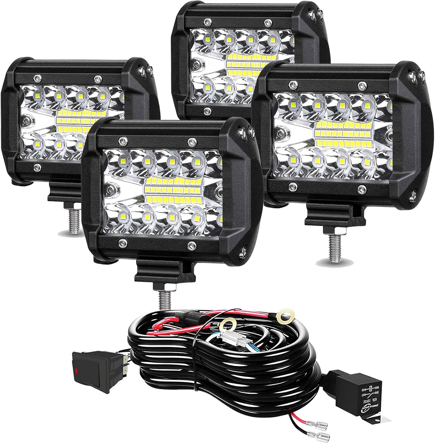 TURBO SII LED Pod Lights 4 Inch 60W Triple Row Spot Flood Combo Beam Offroad Driving Lights Fog Lights LED Cubes Lights W/Wiring Harness for Trucks Jeep ATV UTV SUV Boats,4Pack