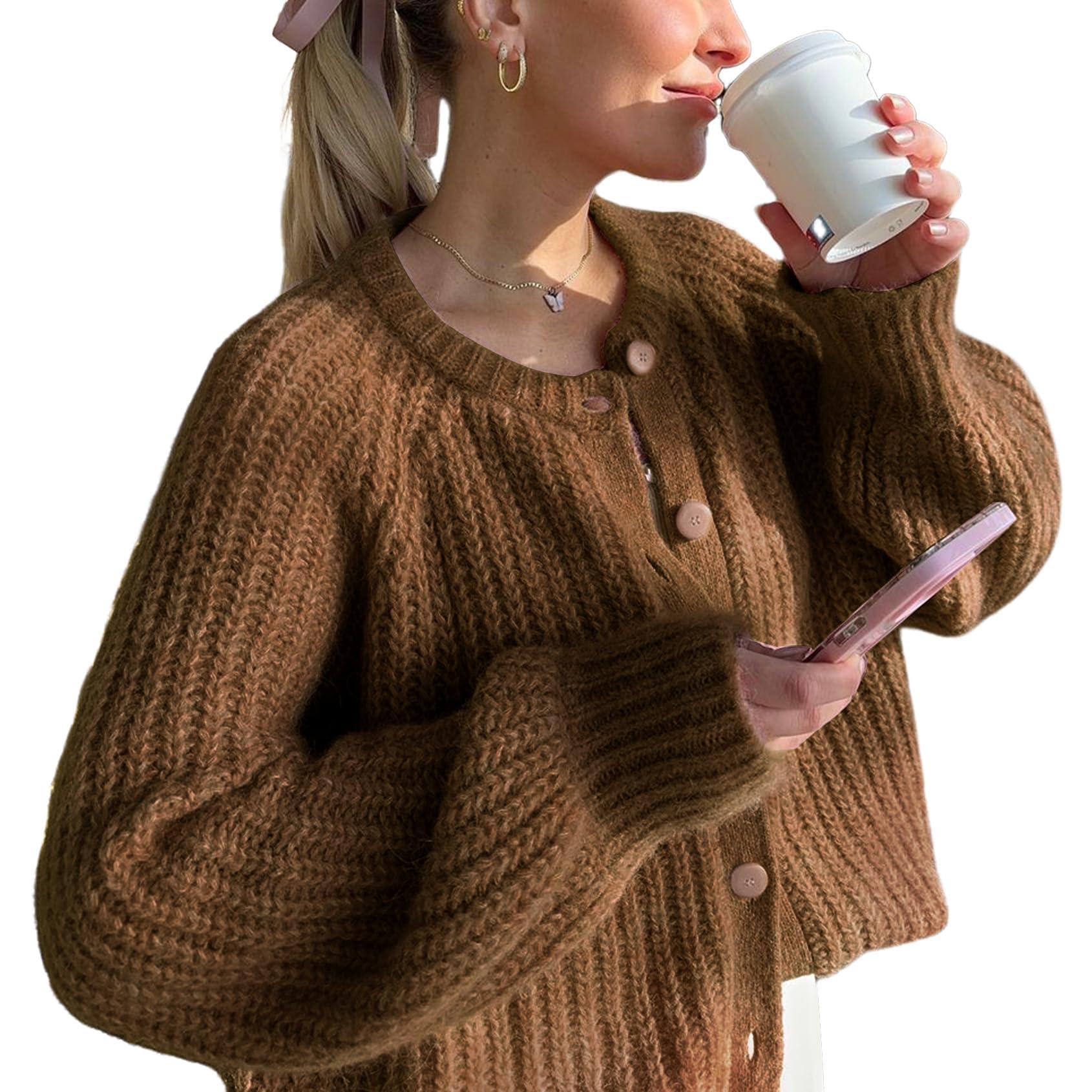 VDWIP Womens Cardigan Sweaters Button Down Open Front Chunky Cardigan Long Sleeve Cropped Y2k Knit Outerwear