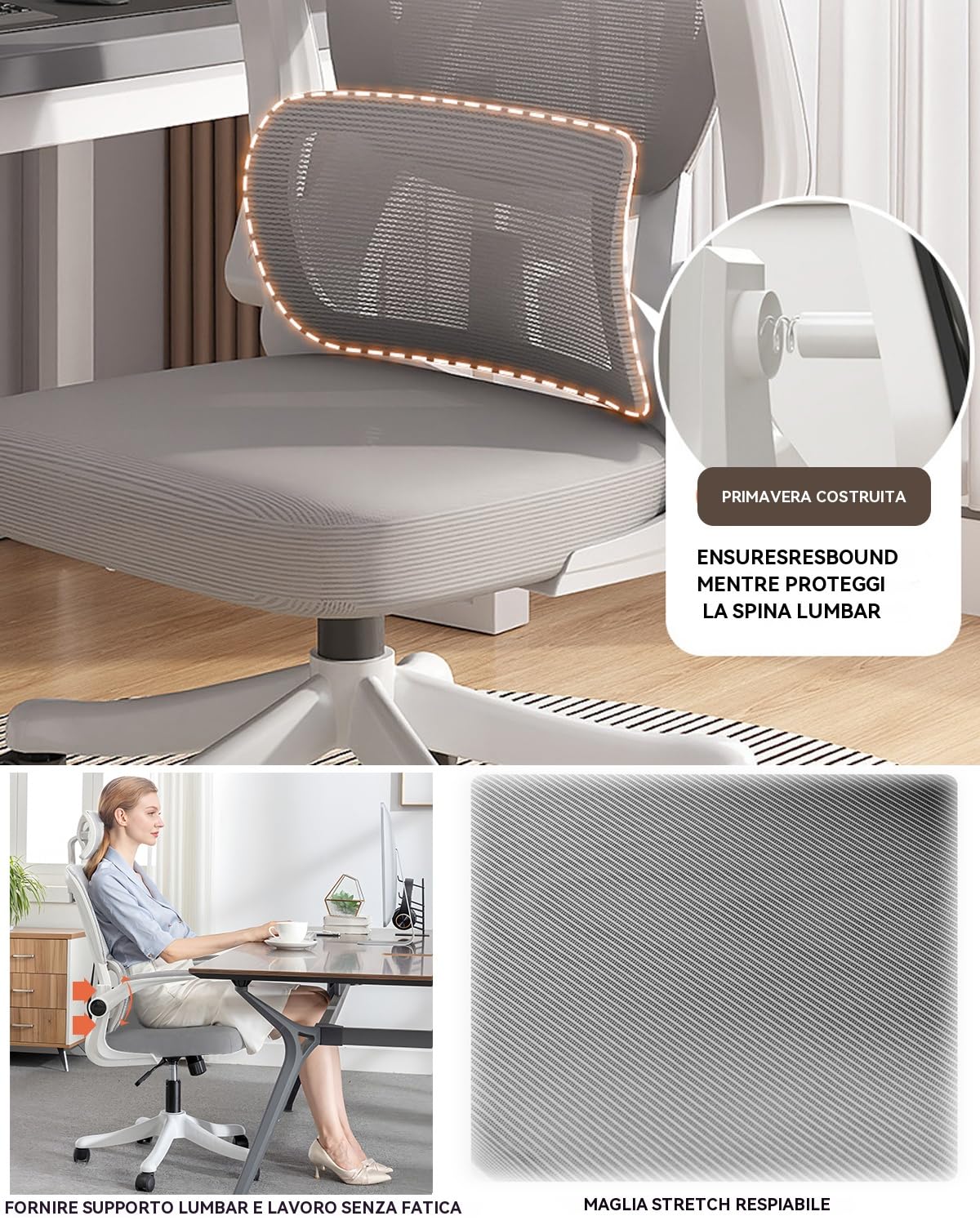 Sedia da Ufficio in Rete,Sedia da Gioco Ergonomica con Schienale Alto,Rotelle e Poggiatesta Regolabile,Braccioli Ribaltabili Comfort per Casa,Camera da Letto,Studio(Grigio)