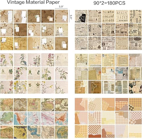 Miniatura 4 de Maxleaf Juego de 180 piezas de papel vintage nostalgia, 6 temas de periódicos viejos, letras, rayas, notas de café, flores, plantas, mapas, paquete