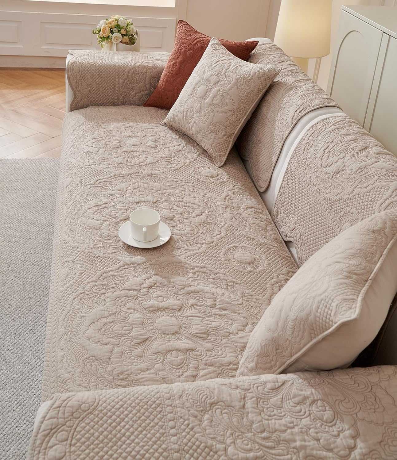 vctops Boho Cotton Quilted Couch Cover Soft Embroidered Sofa Cover Non-Slip Dog Bed Cover Scalloped Sofa Slipcover Washable Furniture Protector Cover (Khaki,36"x36")