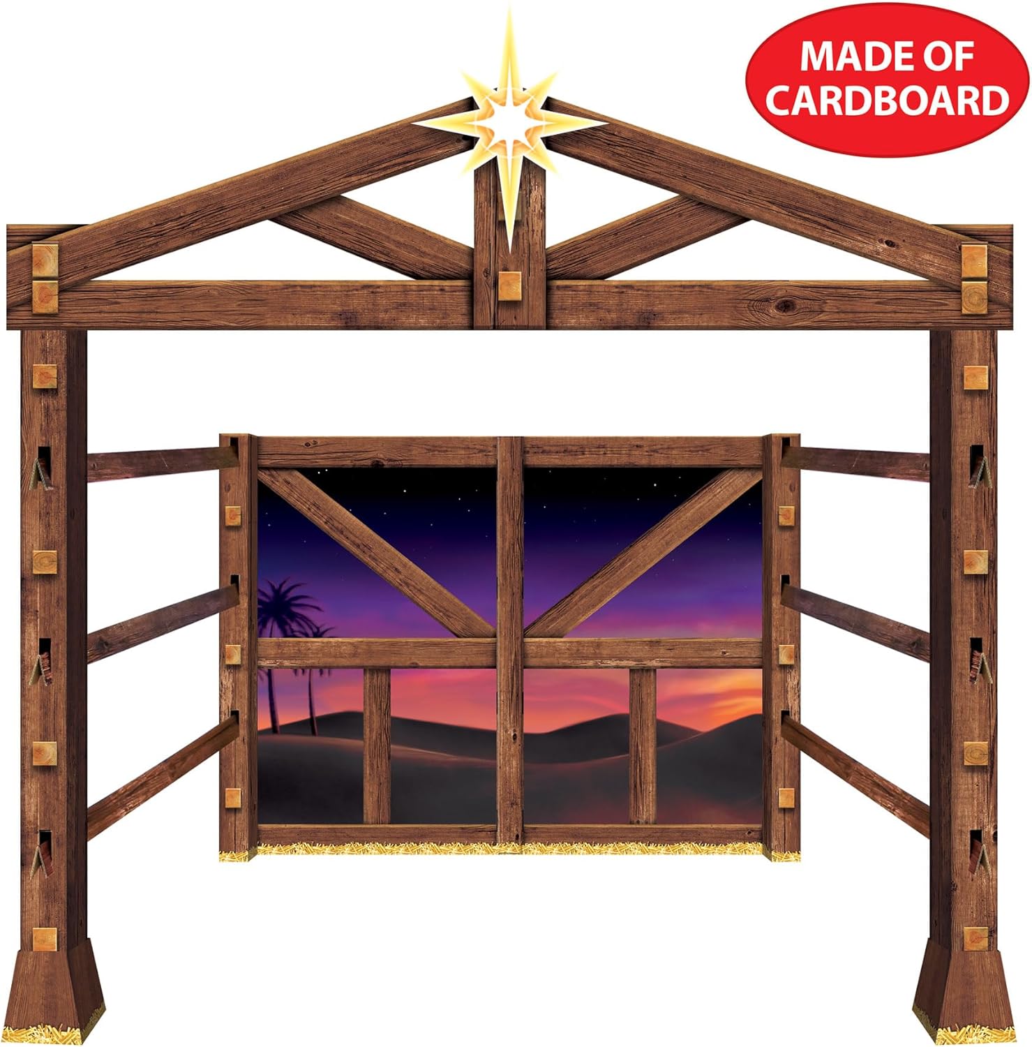 Beistle Nativity Scene Photo Prop Stand-Up, Large Corrugated Cardboard Manger Scene Backdrop with Star, Indoor Biblical Christmas Decoration, 8' 3.5" x 8' 3.25"