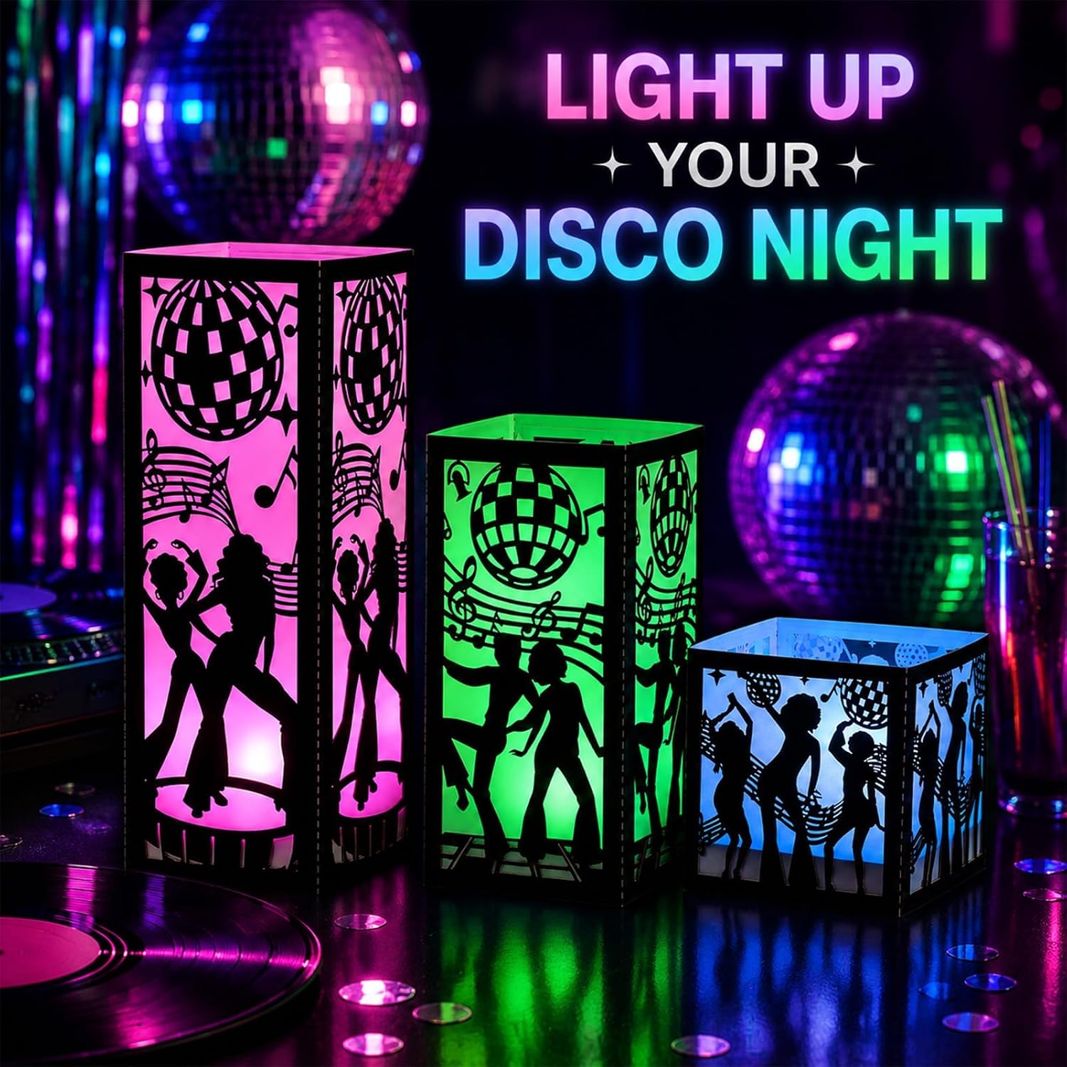 12 Pcs Disco Centerpieces Boxes 3 Size 70s Disco Ball Dancer Paper Lantern Table Decorations Music Style Lantern Boxes Decor for 70s 80s Music Themed Birthday Party Hippie Retro Fever Night Supplies