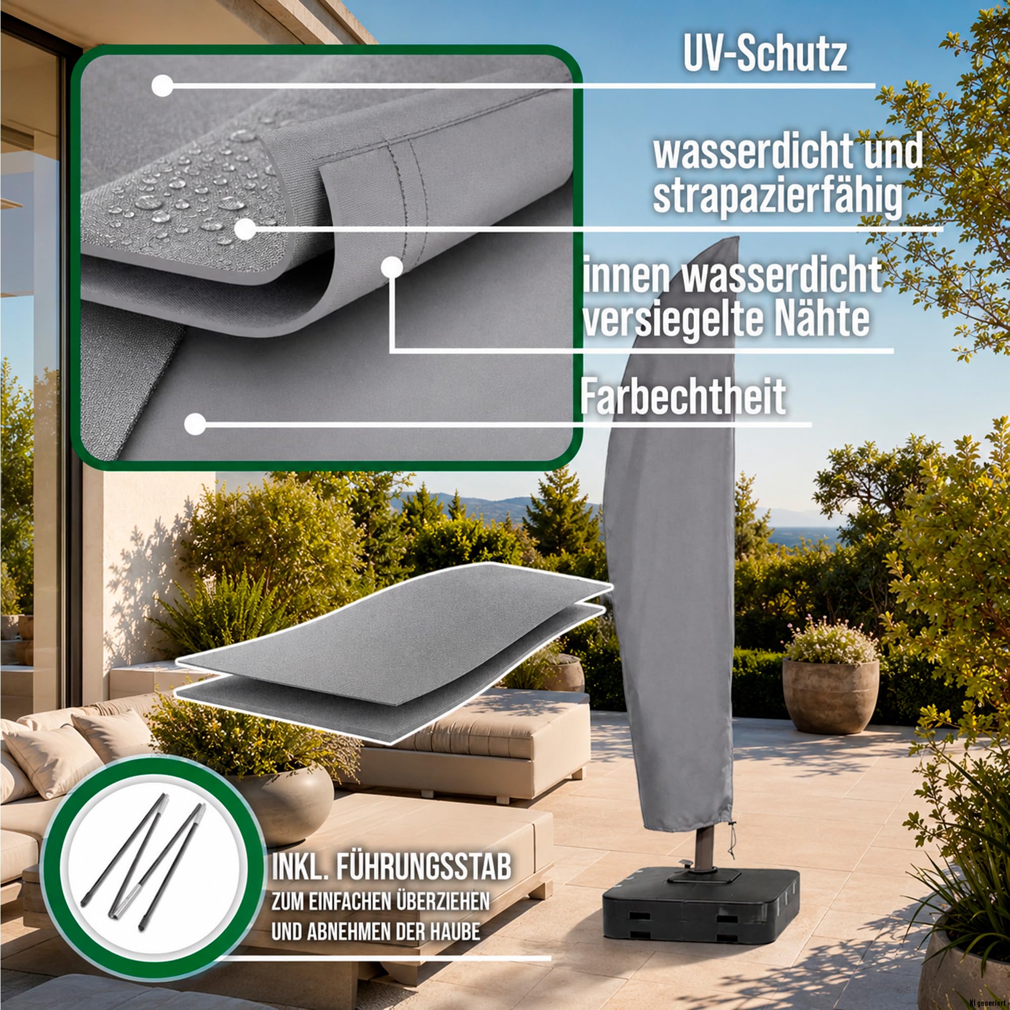 Sonnenschirm Schutzhülle für gebogene Ampelschirme, 265x40/70/50 cm, grau, Oxford 600D Gewebe, Sonnenschirm Abdeckung wasserdicht, UV-beständig und wetterfest