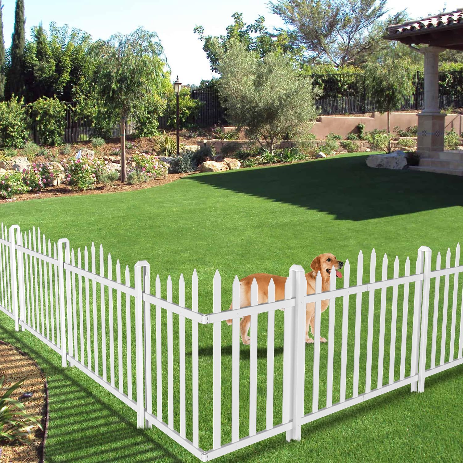Vinyl Fence 84" W X 36" H White Picket Fence Panels (1Set), Outdoor Adjustable Plastic Fencing for Garden Yard Pets, Suitable for Soft Ground (CurvedTop with 20 Pickets