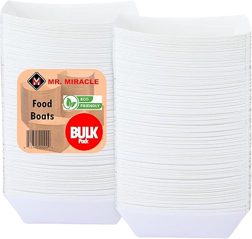 Bandejas de papel para alimentos, botes blancos lisos. Mediano (2.5 libras). Paquete de 50 botes desechables y reciclables. Para condimentos,