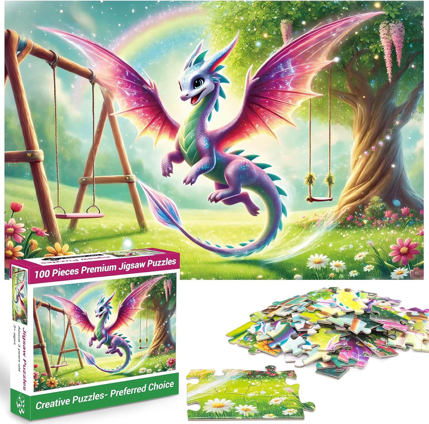 100 Piece Puzzles Rainbow Dinosaur Puzzle for Kids Ages 4-8 8-10, 100 Piece Jigsaw Puzzle for Children Learning Educational Puzzles Toys Birthday Gifts for Girls Boys, Dinosaur