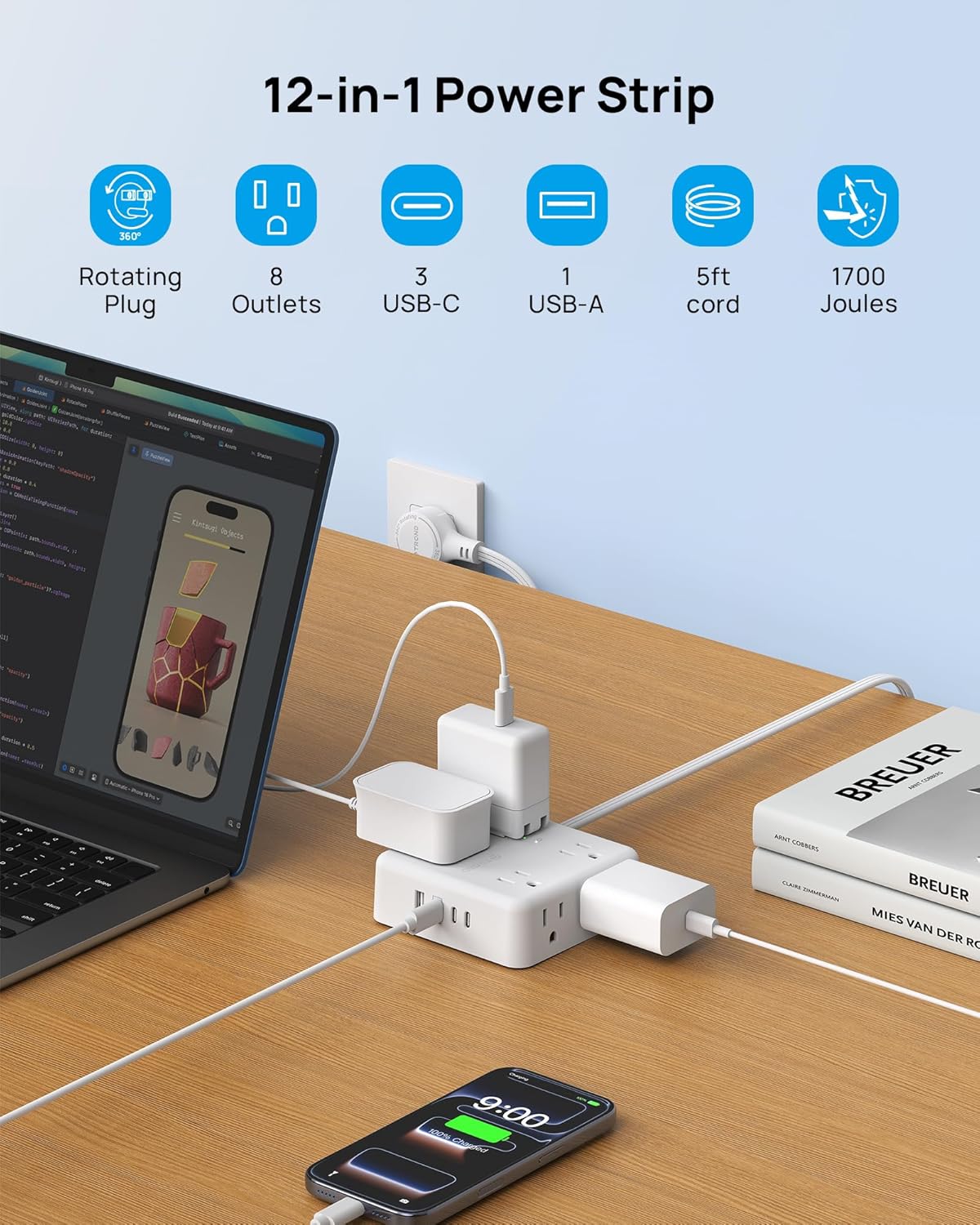 TROND Power Strip, 360° Rotating Flat Plug, 8 Widely Spaced Outlets, 3C1U, Flat Plug Extension Cord 5ft, 1440J Surge Protector for Home Office, White