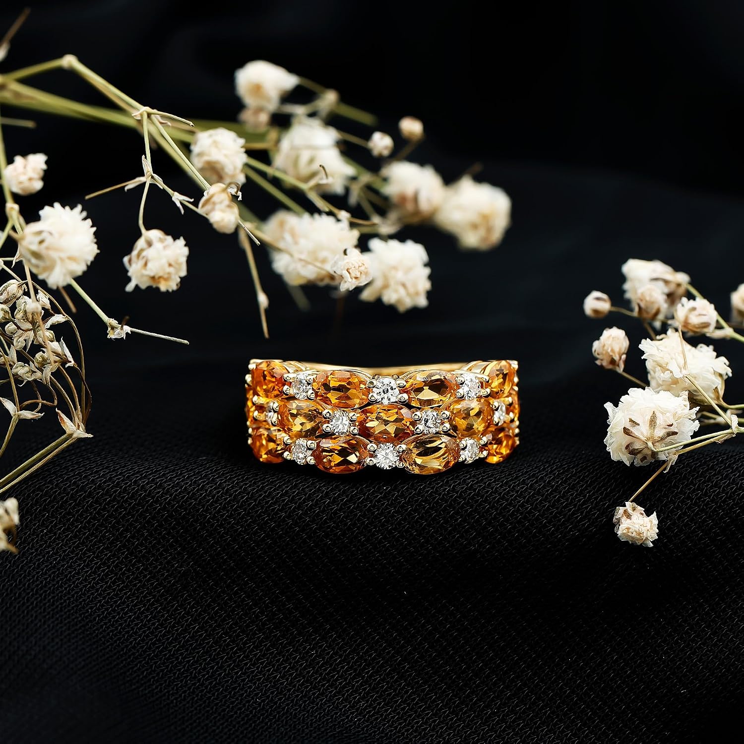 Natural Citrine Wide Wedding Band in Silver, Aaa Quality, Certified Citrine Diamond Ring - With Jewelry Box