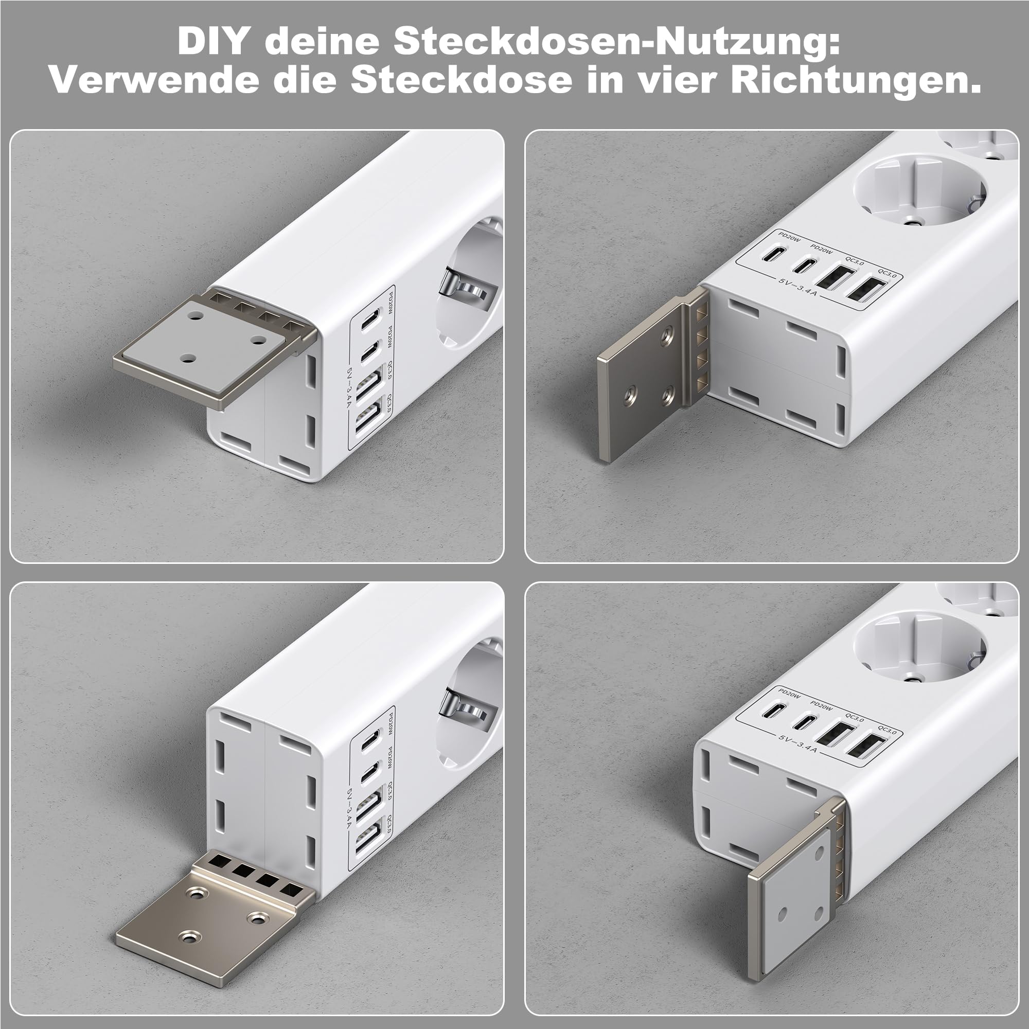 Ciabatta elettrica con 5 prese con porte USB, cavo da 2 m, colore bianco.