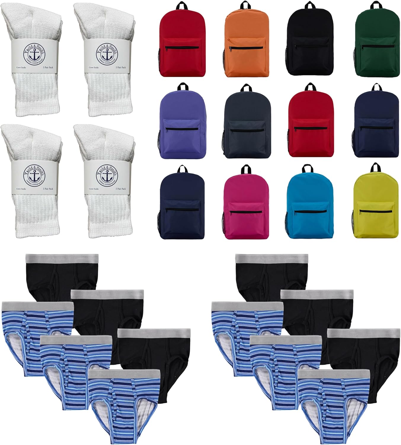 BILLIONHATS 36 Piece Boys Clothing Kit Bulk 12 Pairs White Crew Socks 12 Pcs Kids Underwear & 12 Backpacks
