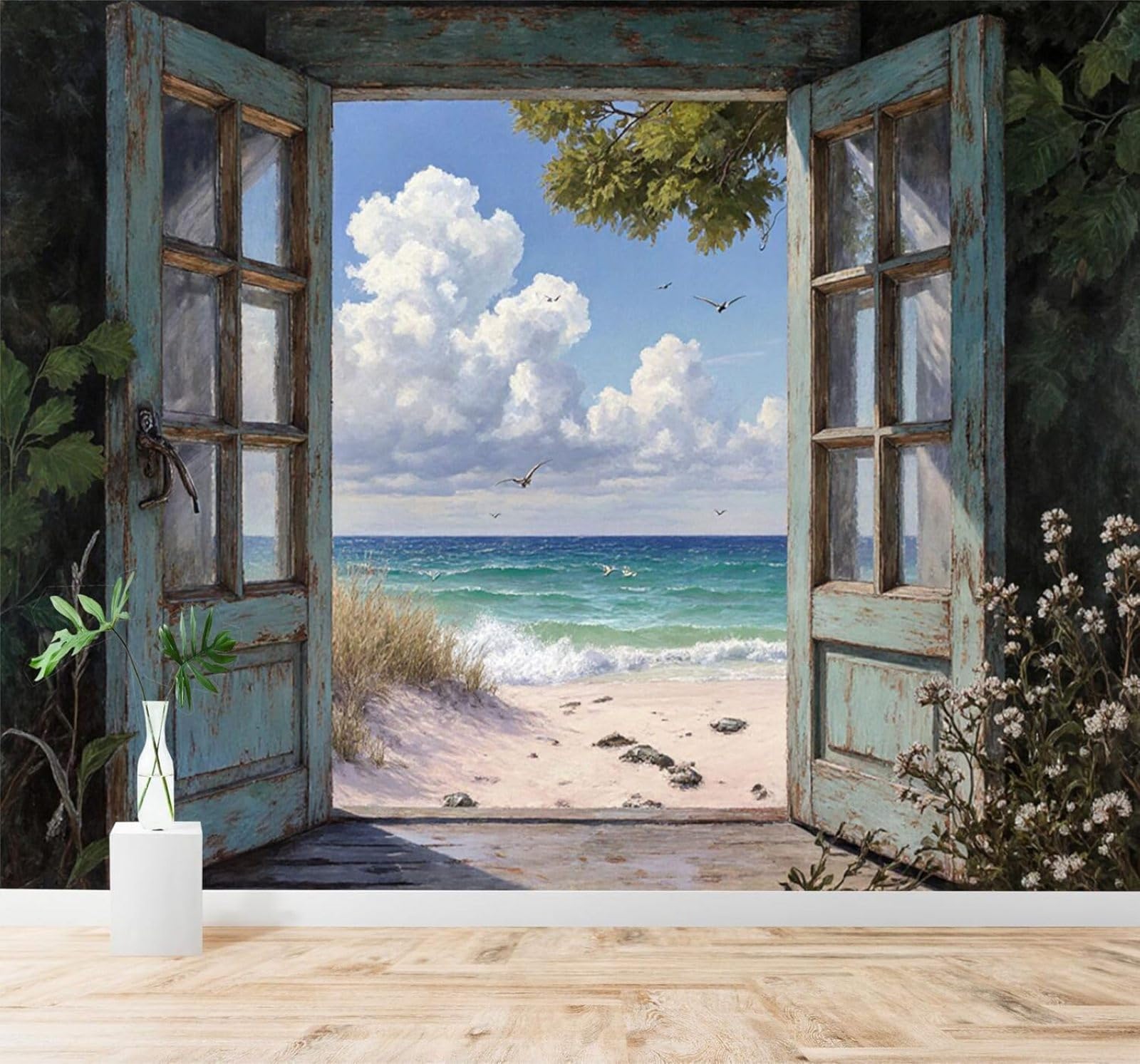 XLMING Beach Scenery Waves Blue Sky Vintage Blue Wooden Door 3D Wallpaper Silky Texture Home Study Office Grey Dining Room Sofa Bedroom Living Room TV Backdrop-250cm×170cm