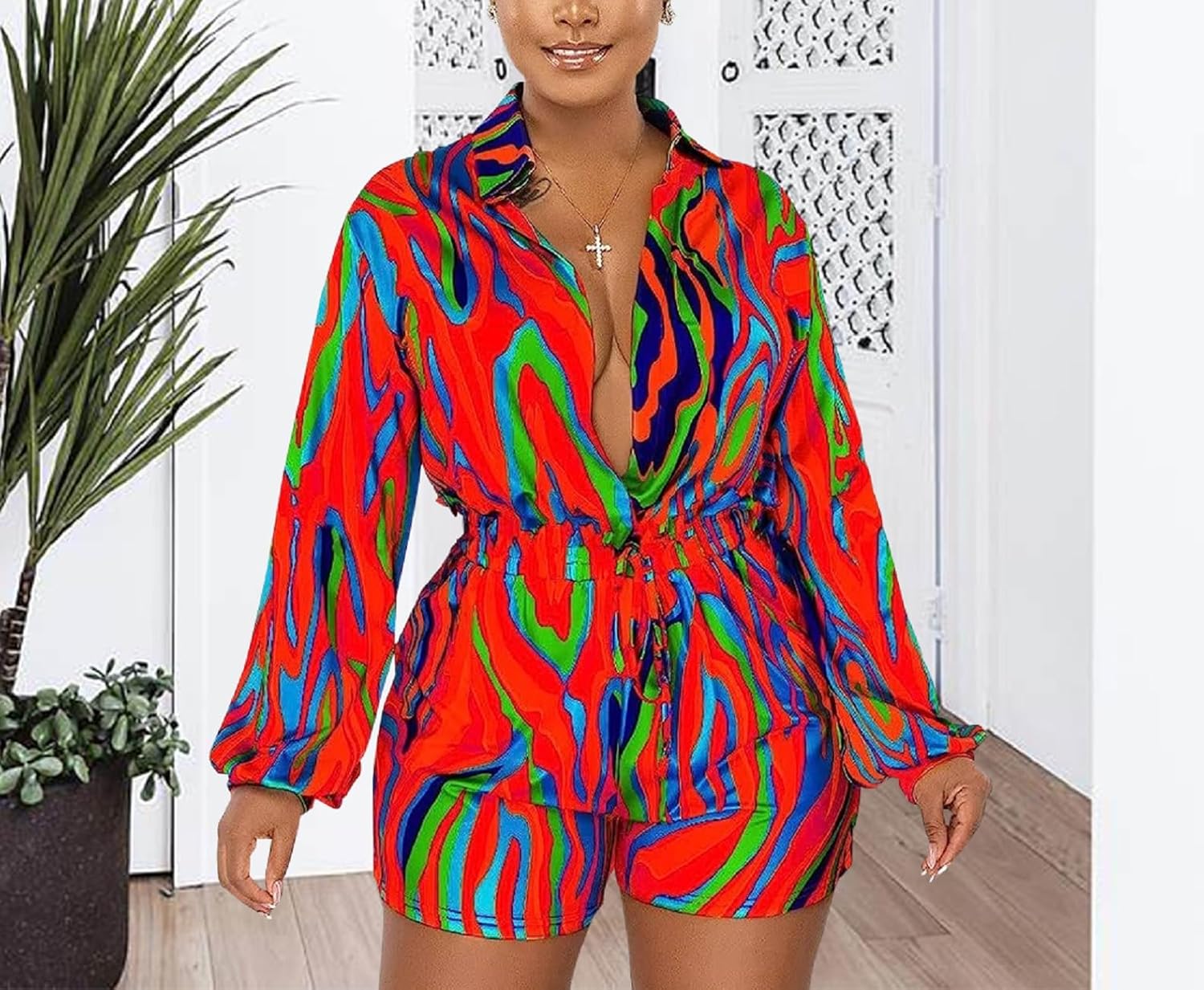 Glozeplus Women Sexy One Piece Deep V Neck Printed Shorts Jumpsuit Long Sleeve High Waist Elastic Romper Clubwear Outfits - Image 2
