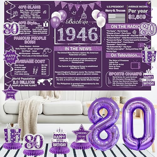 Miniatura 6 de Crenics Decoraciones de cumpleaños número 80 para mujer en púrpura - Fondo de 1946, pancarta, remolinos, centros de mesa, faja, pompones de papel,