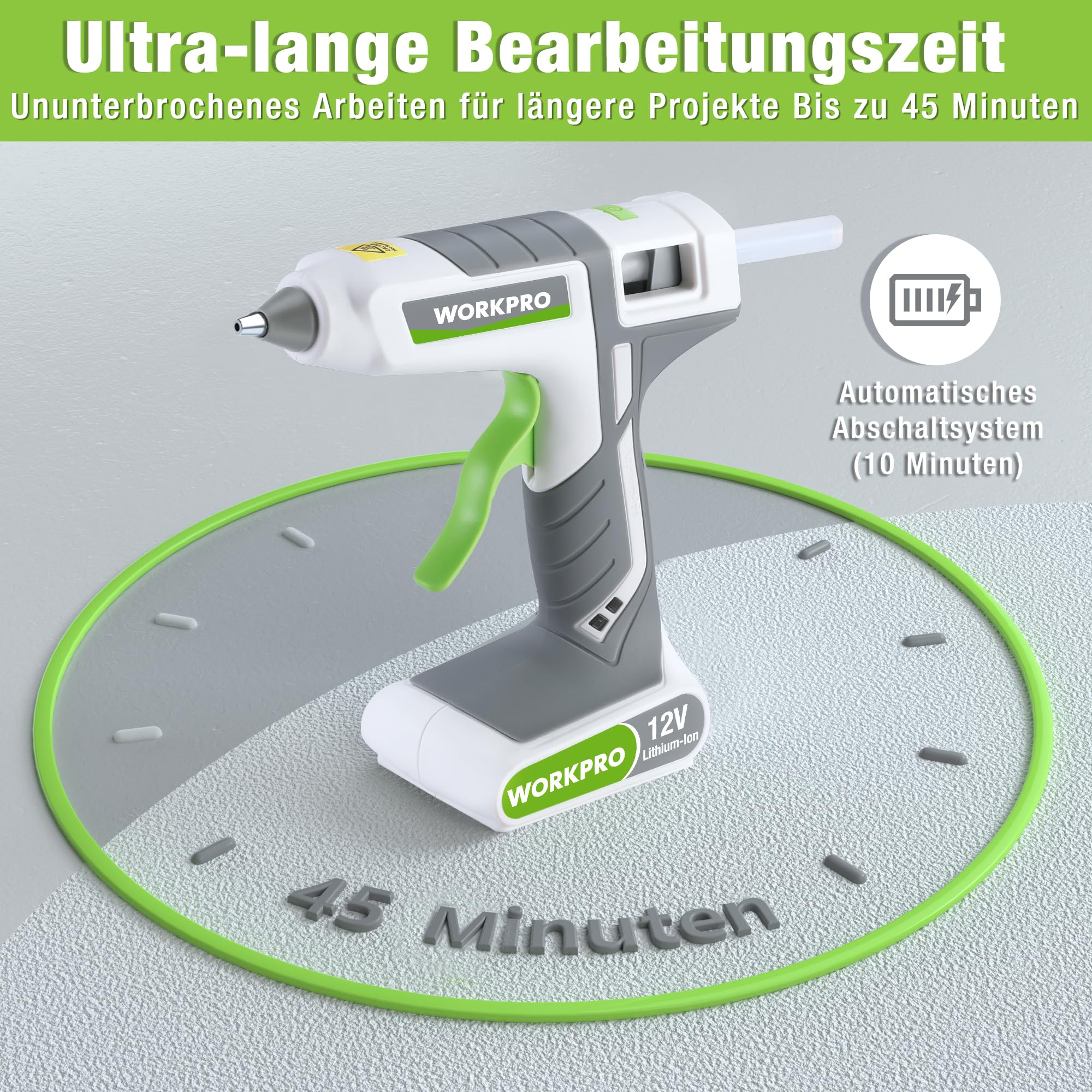 WORKPRO Heißklebepistole Akku kabellos 12V, Akku Klebepistole mit 15 Klebesticks(11 * 200 mm), Schnelles Aufheizen, USB-Aufladung, kabellose Heißklebepistole für Handwerk, Dekoration