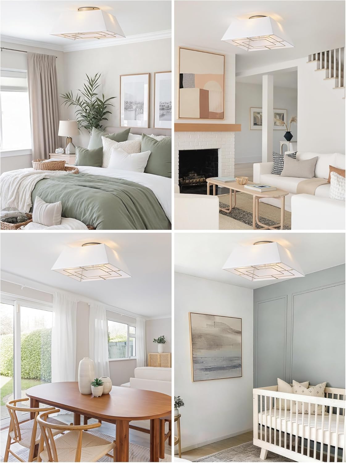 18" Square Flush Mount Ceiling Fans with Lights, Caged Boho Ceiling Fan with Light Remote Control, Low Profile 6 Speeds for Bedroom, Living Room, Kitchen (White)