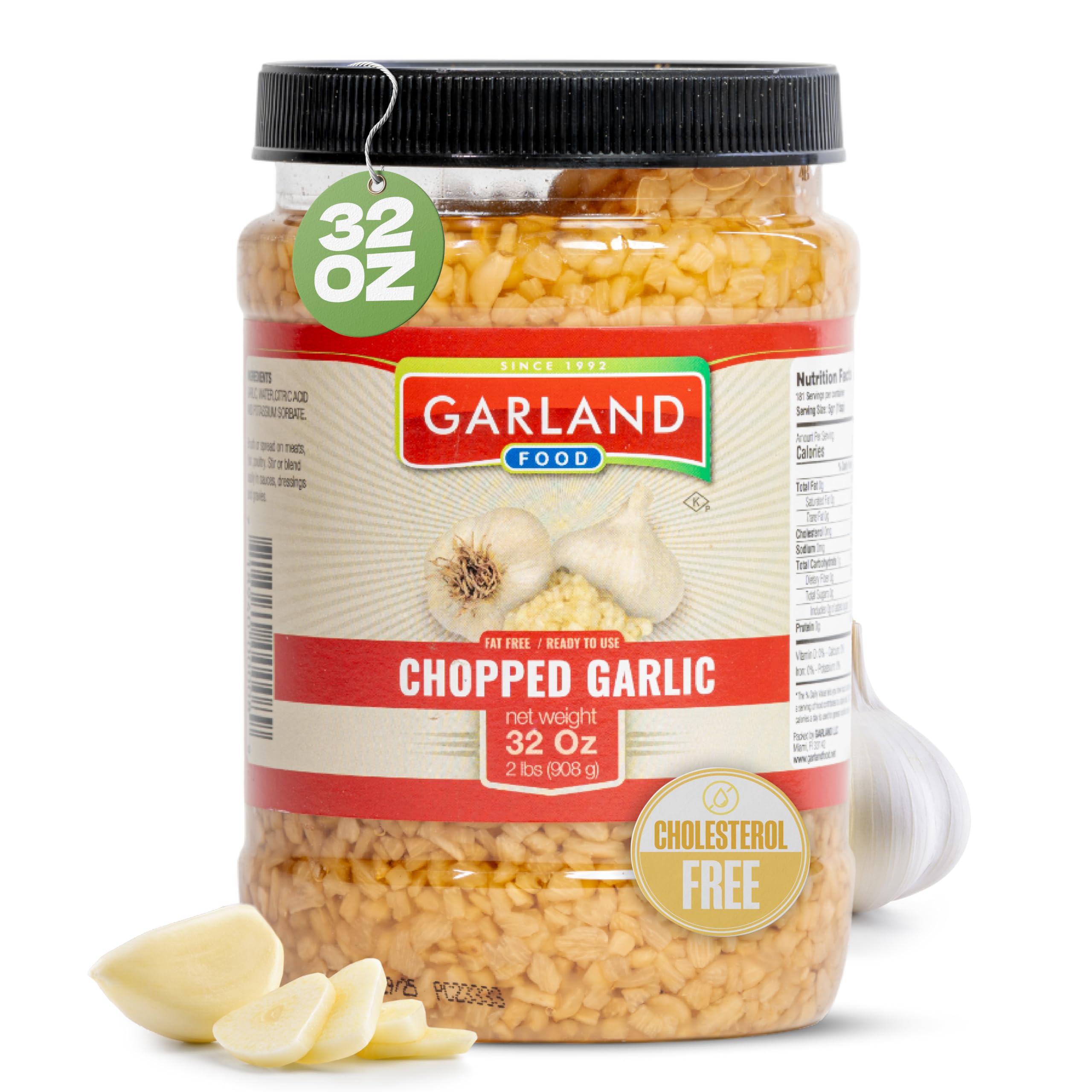 Garland Food Chopped Garlic in Jar - Convenient Garlic Chopped in Water for Cooking, Time-Saving Prep & Seasoned Dishes - Made in the USA (32 oz)