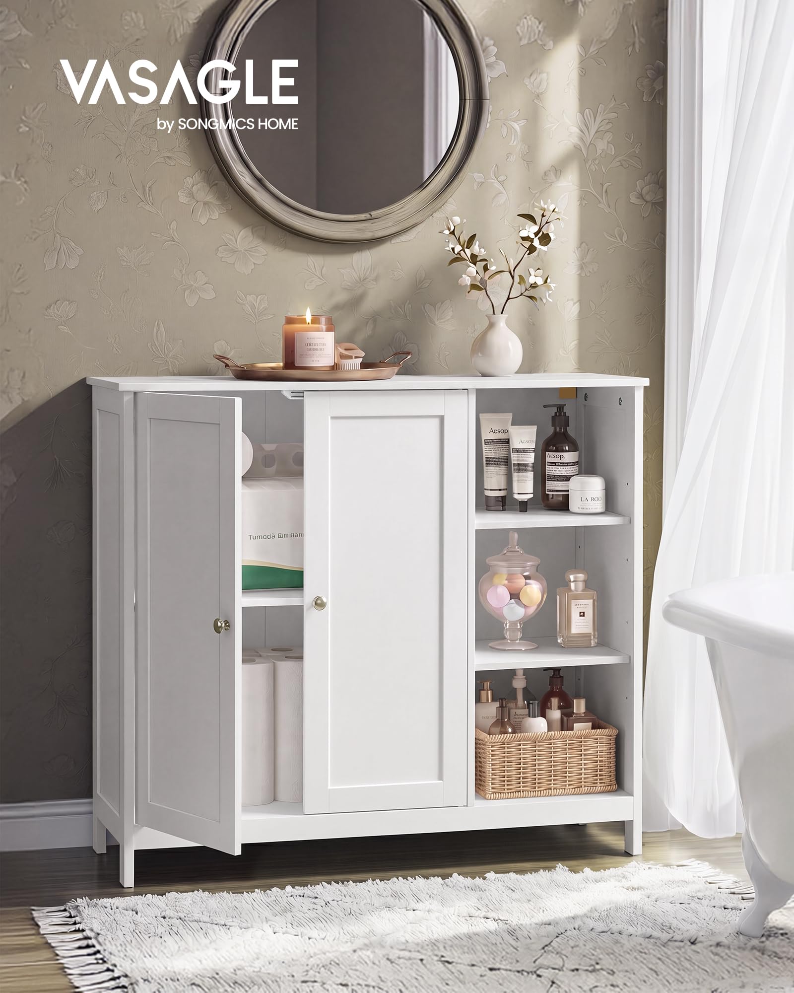 VASAGLE Mueble de Baño, Armario de Suelo de MDF con 2 Puertas y 3 Estantes Abiertos, Estantes Ajustables, 90 x 30 x 80 cm, para Baño, Salón, Blanco Nube, Colección Siren BBK070WB01