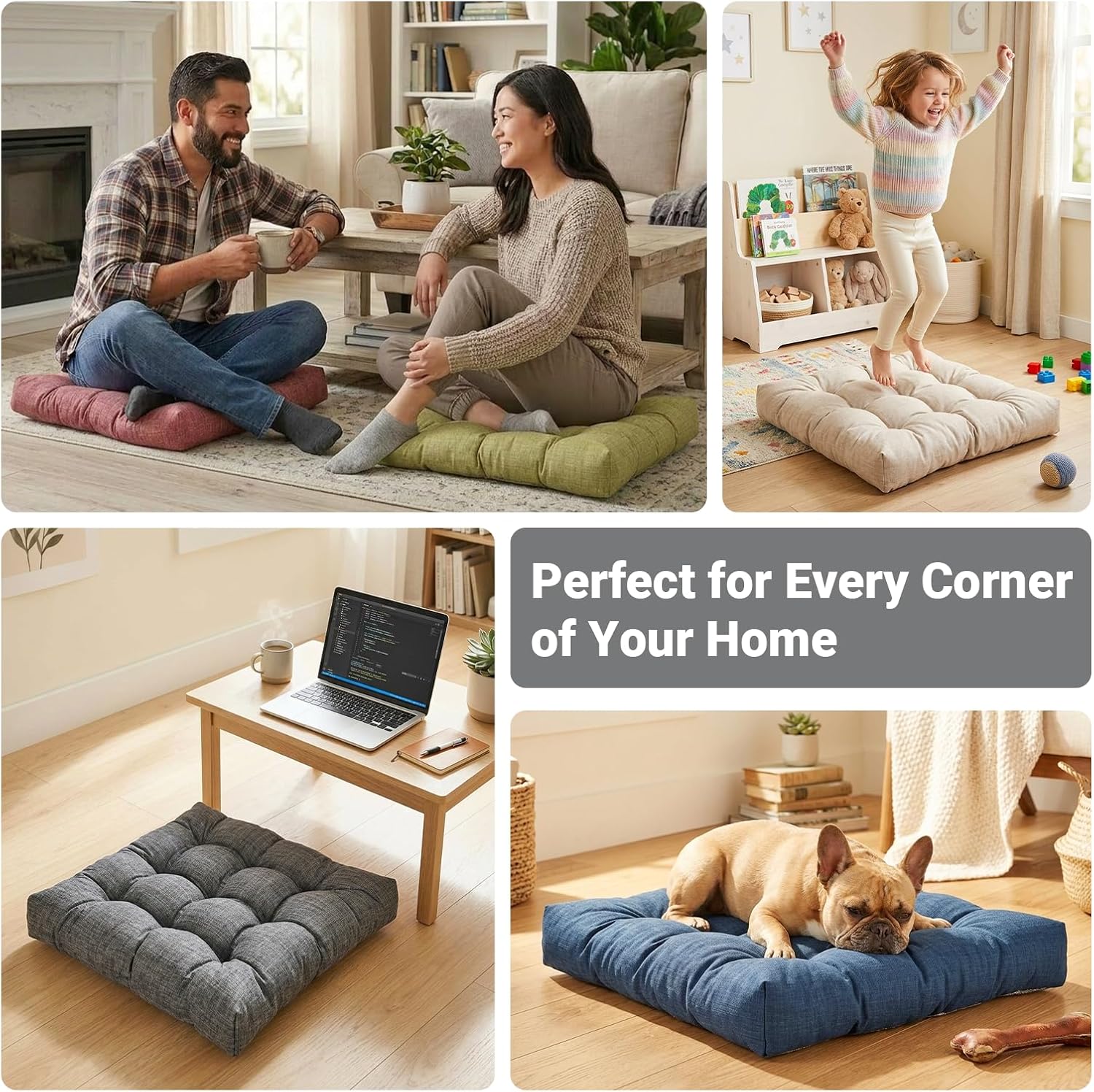 Large Square Floor Cushion 22 x 22 Inch with Non-Slip Bottom, Memory Foam Floor Pillow for Sitting, Meditation & Yoga, Soft Supportive Floor Seating Cushion for Adults & Kids (2, Dark Grey)