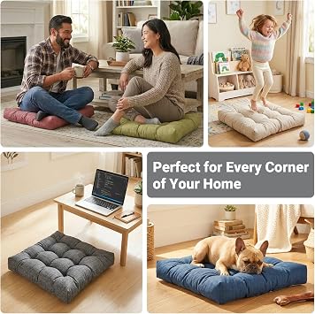 Large Square Floor Cushions Set of 2, 22 x 22 Inch with Non-Slip Bottom, Memory Foam Floor Pillow for Sitting, Meditation & Yoga, Soft Supportive Floor Seating Cushion for Adults & Kids (2, Dark Grey)