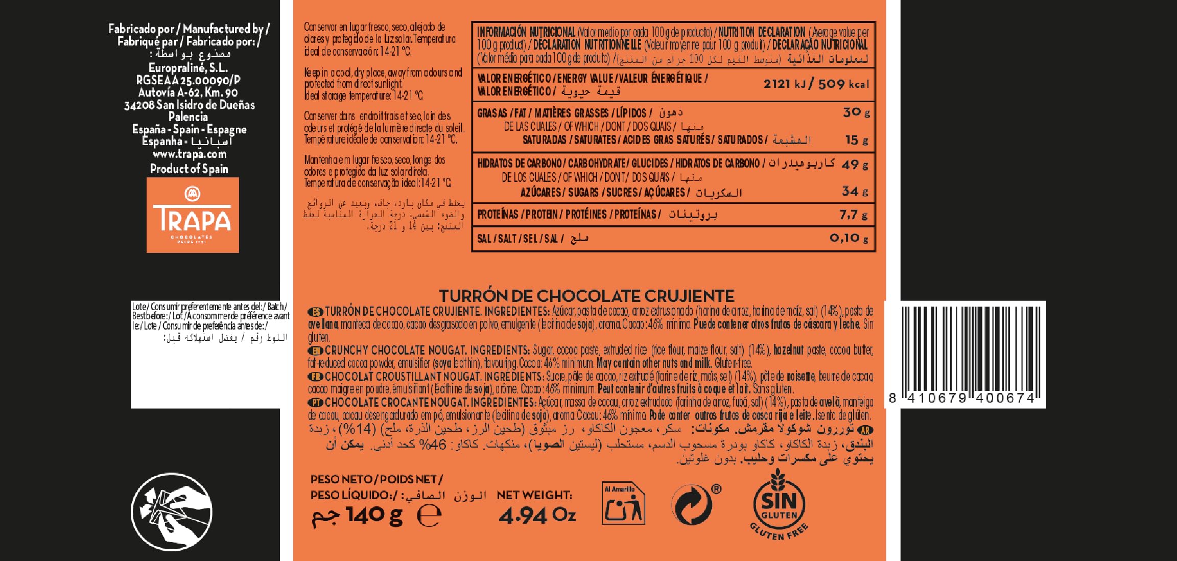 TRAPA | Turrón de Chocolate Negro Crujiente | 140 g | Sin Gluten y Sin Aceite de Palma
