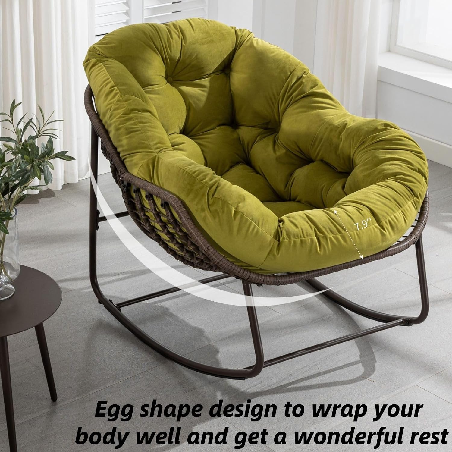 Indoor & Outdoor Front Porch Rocking Cozy Chair Set of 2, Rattan Rocker Padded Cushion Recliner Outdoor for Patio, Yard, Garden, Living Room (Olive)