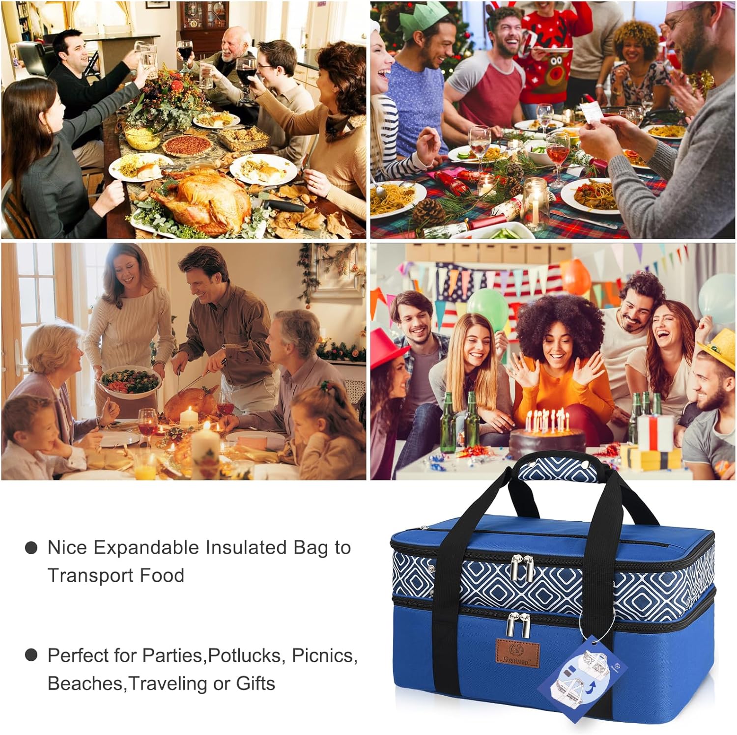 Genteen Insulated Casserole Carrier,Expandable Double Insulated Food Carrier for Hot and Cold Food, Fits 9x13 Casserole Dish,Lasagna Holder Tote for Parties Potluck Picnic (Blue)