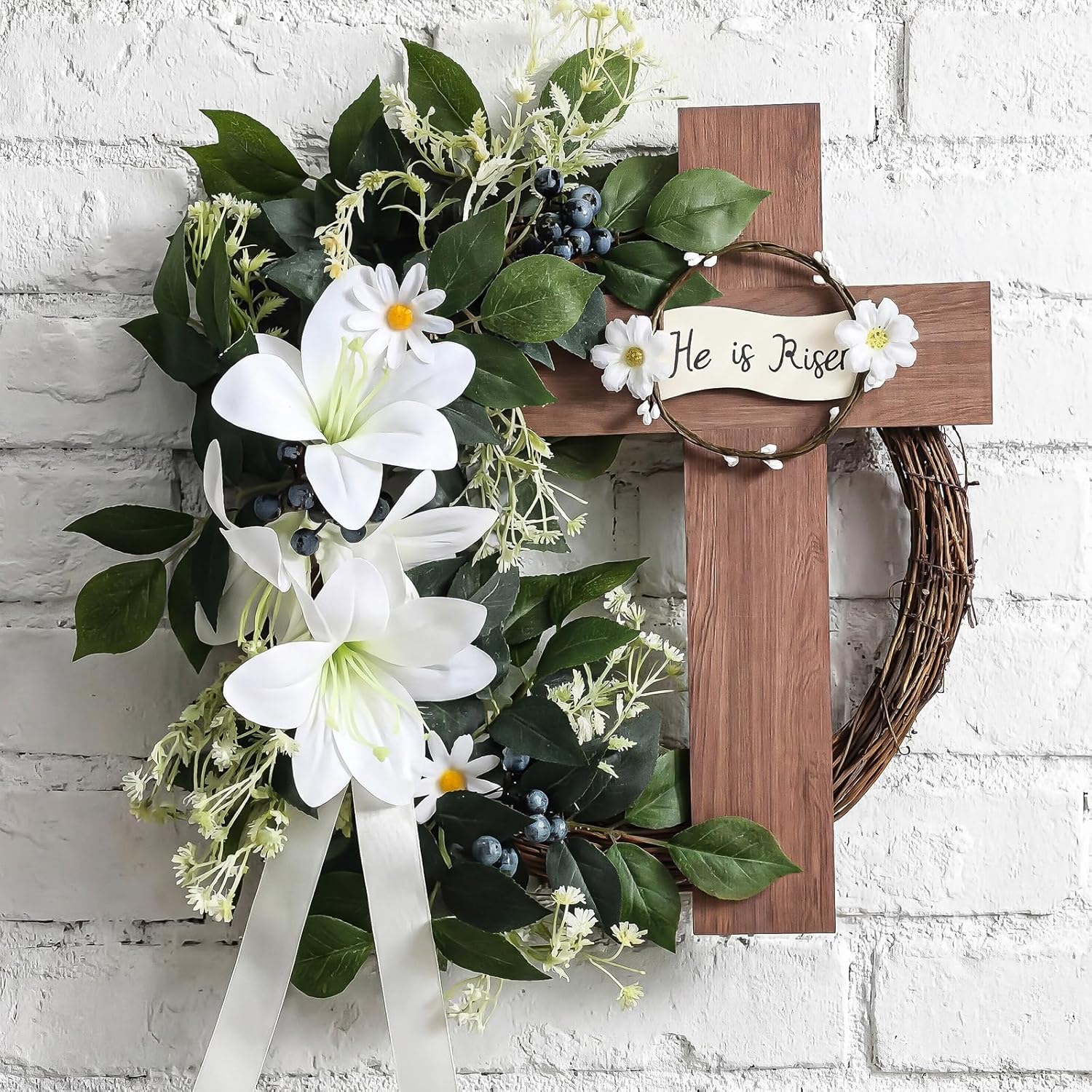 Dingion He is Risen Easter Wreath Decoration for Front Door, 16 Inch Easter Cross Wreath Large Christian Wooden Floral Decor Jesus Lily Hanging Sign for Home Spring Religious Farmhouse Porch Decor