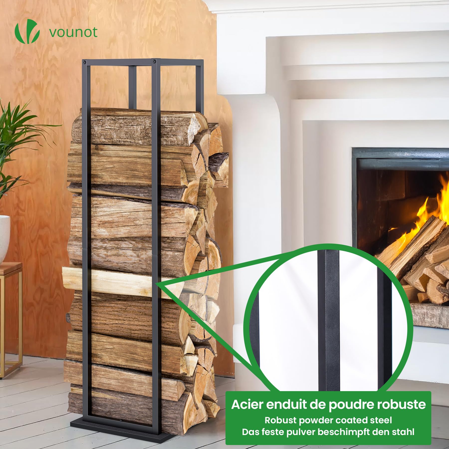 VOUNOT Kaminholzregal Metall - U-förmiger Holzständer Mit Sicherheitsgurt Für Innen & Außen