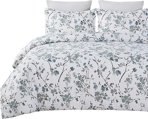 Miniatura 7 de Vaulia Juego de funda de edredón floral de microfibra suave, juego de ropa de cama moderno, diseño reversible de ramas color blanco y gris, 3 piezas