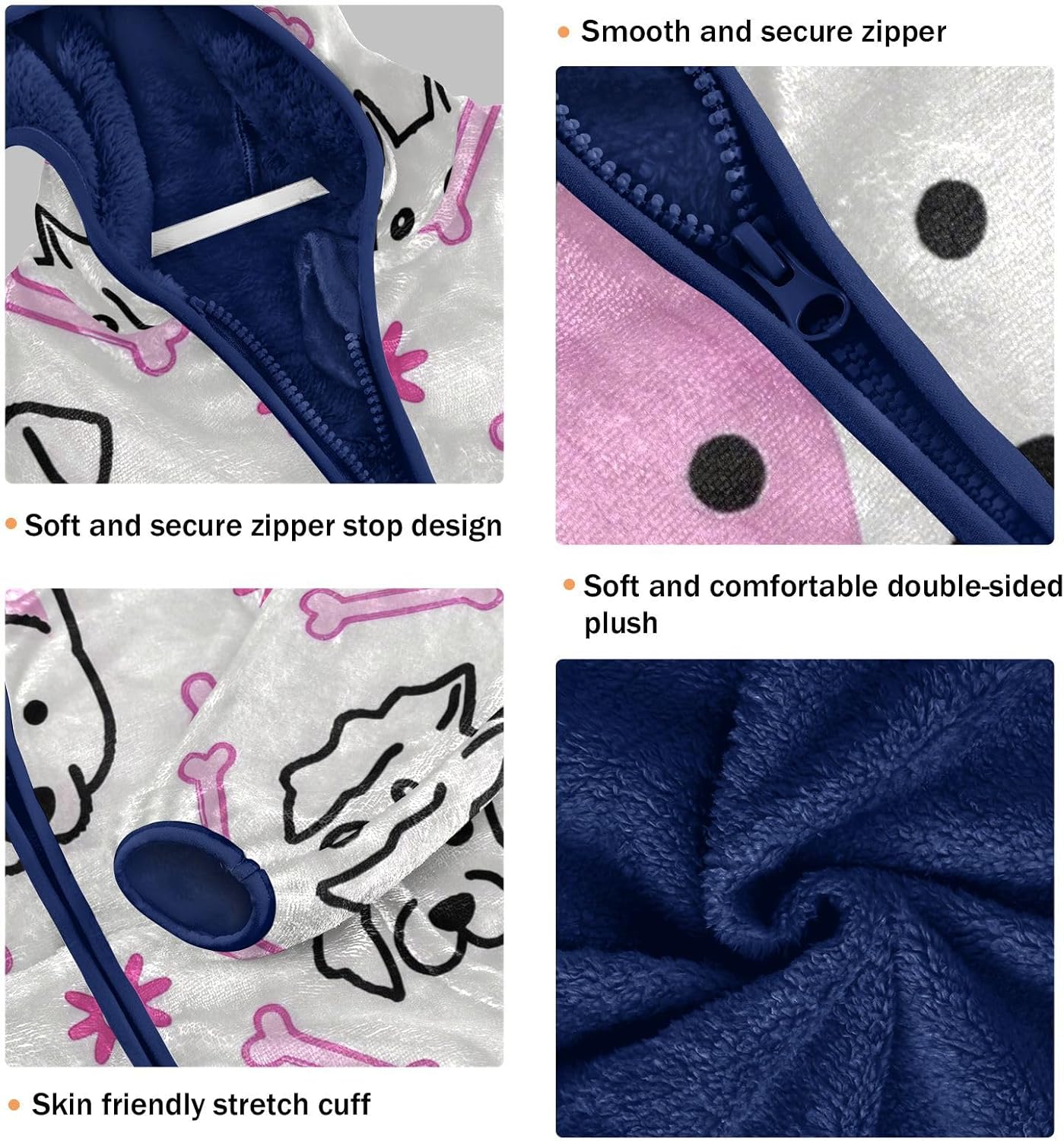 Cartoon Dog Heads and Bone Simple Line Lightweight Zip Sweatshirt Outerwear Jackets Navy Blue Baby Boys Hoodie