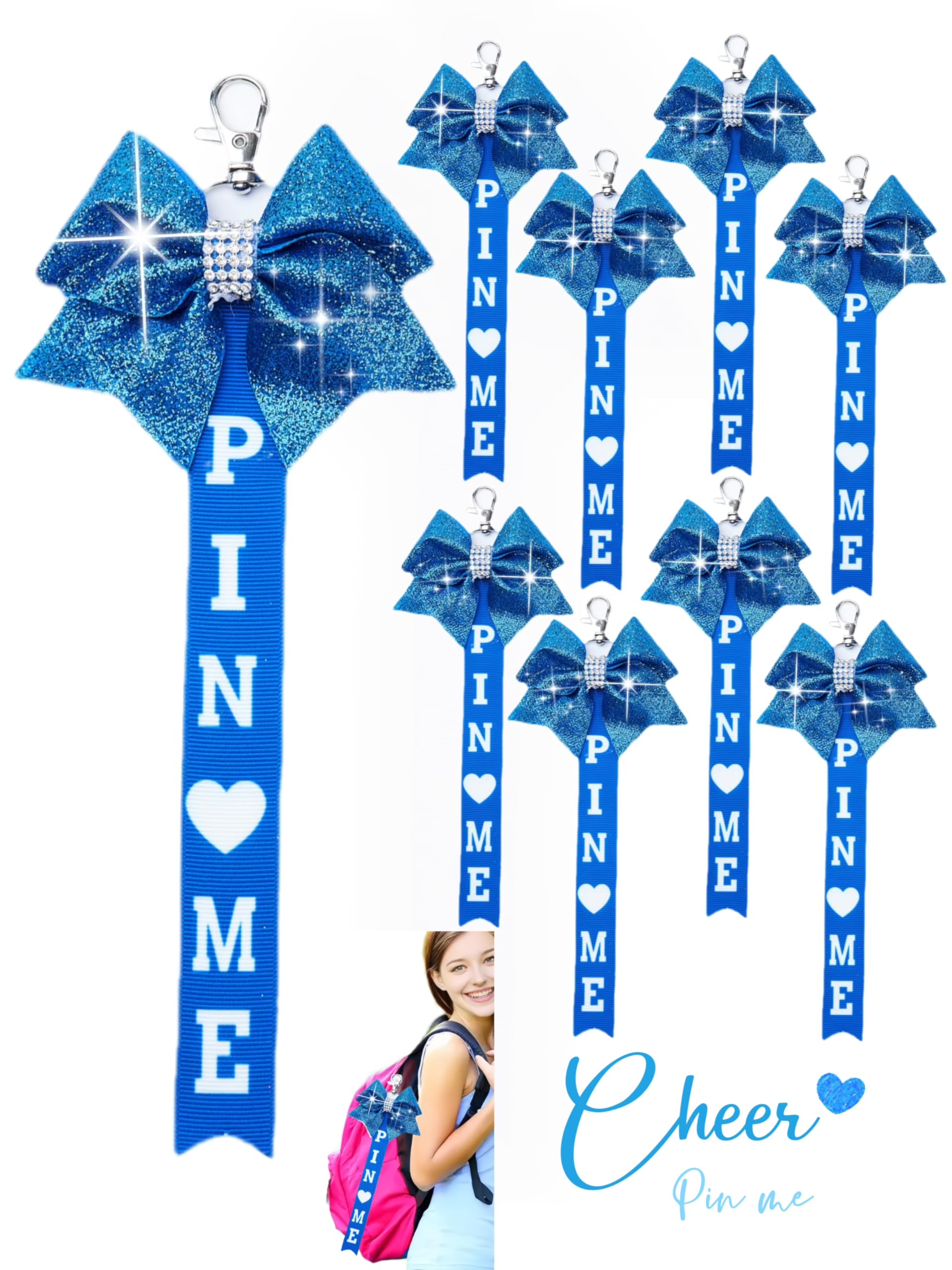 Cheer Pin Me Ribbon Cheerleader Pin Me Bow Cheer Bow Keychain with Rhinestones Cheerleading Sports Accessory Gift