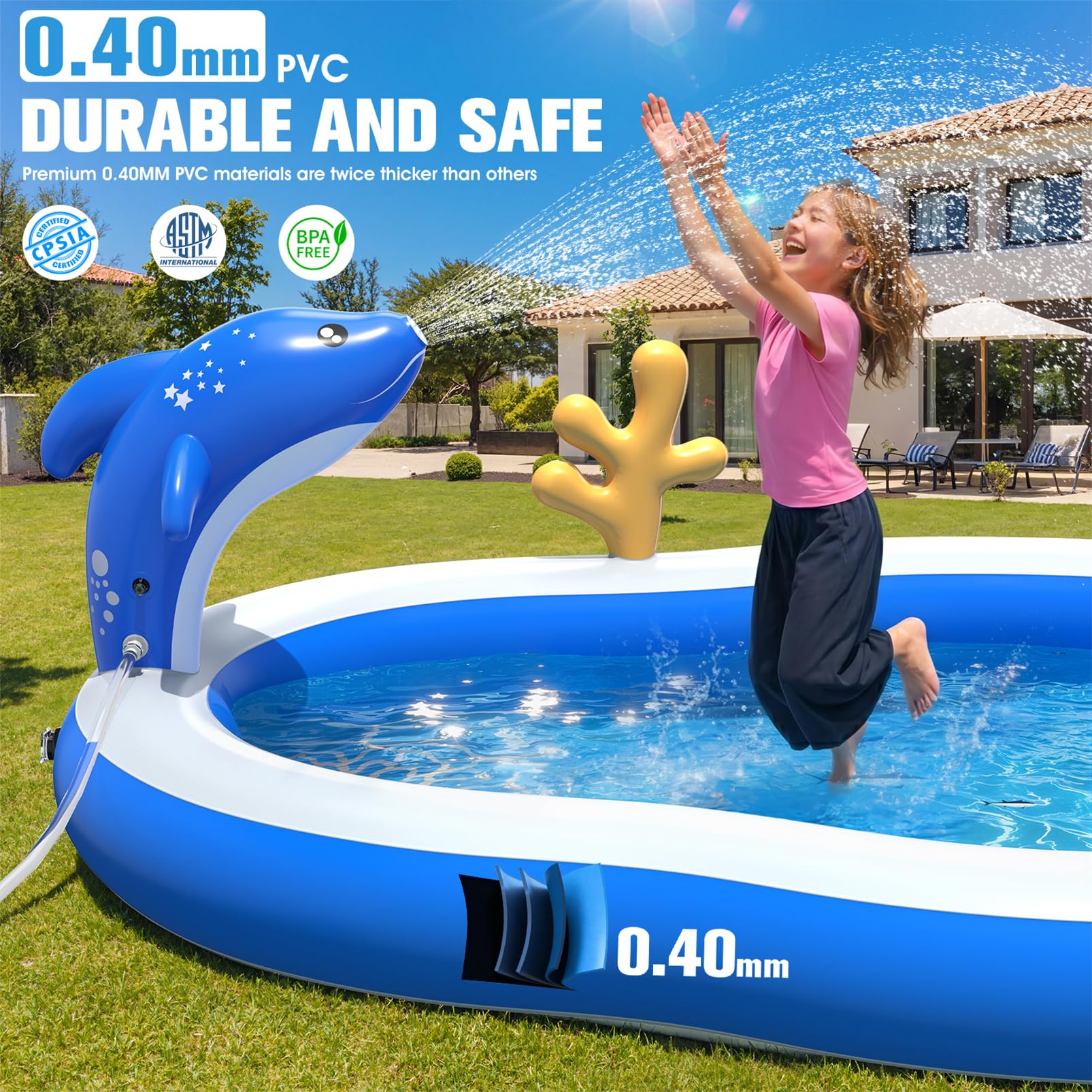 StarOcean 2026 großes aufblasbares Spielcenter, Kinderpool mit Wasserrutsche und Sprinkler, 308 x 180 x 130 cm, aufblasbarer Kleinkind-Pool mit Rutsche, aufblasbares Wasserspiel für Toldder