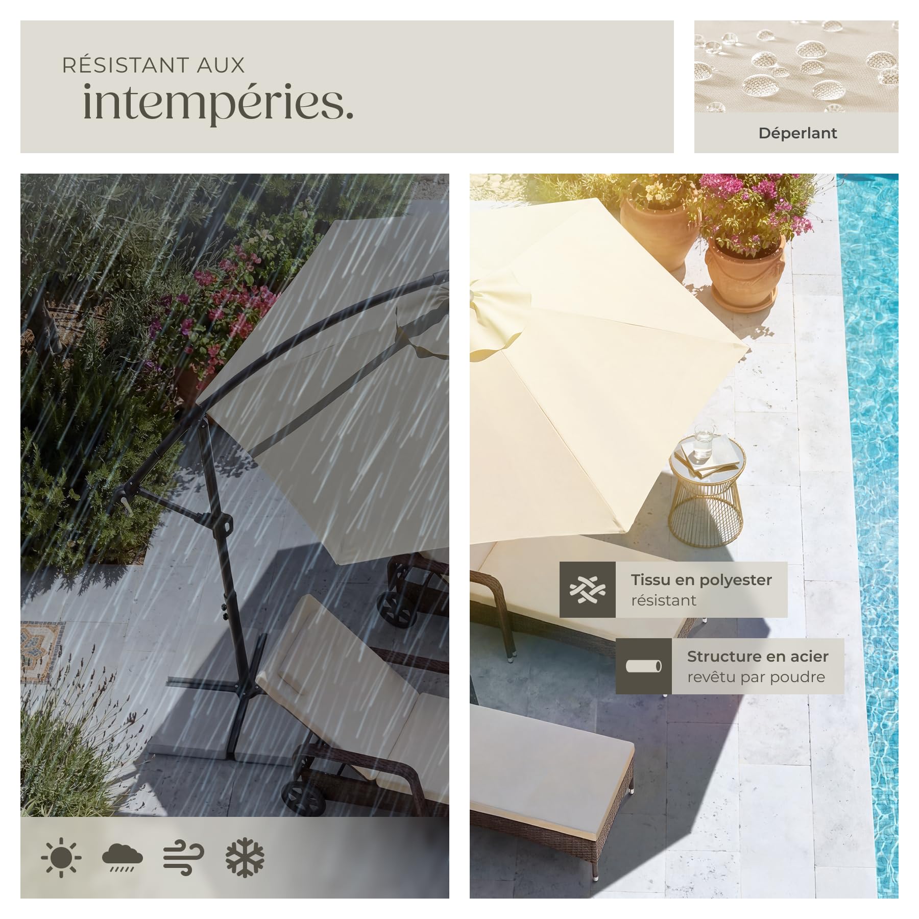 tectake® Parasol déporté à pied, 3,5 x 3,5 m, Pivotant à 360°, Inclinable de 90° à 135°, Protection UV 50+, Double-toit, Parasol de jardin exterieur, Terrasse, Balcon, Piscine, Divers Coloris
