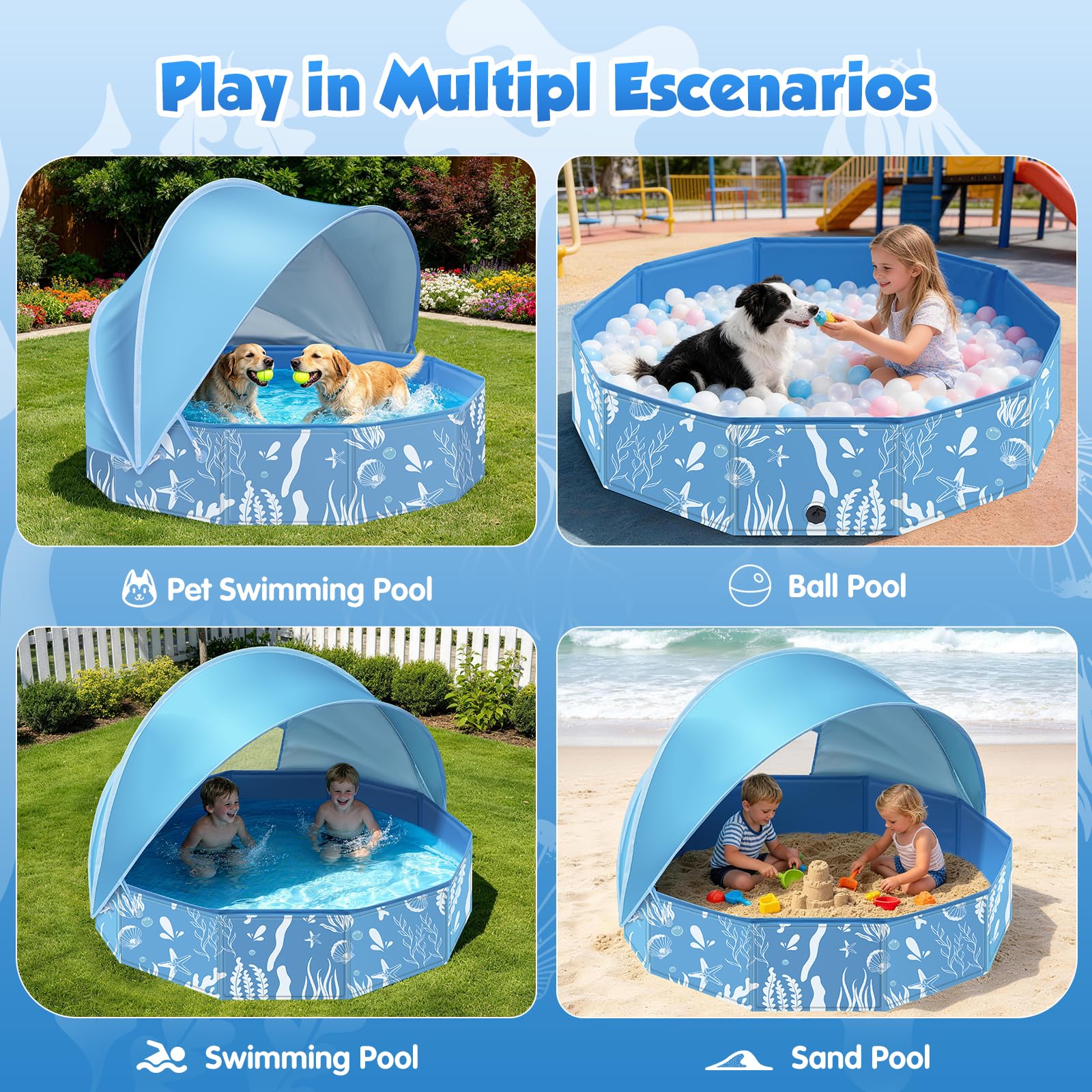 Faltbarer Hundepool mit Abnehmbarem Sonnendach 120cm Robustes Planschbecken für Kinder Hunde Pool mit Dach Rutschfestes Hundebadewanne Kinderpool Garten Outdoor