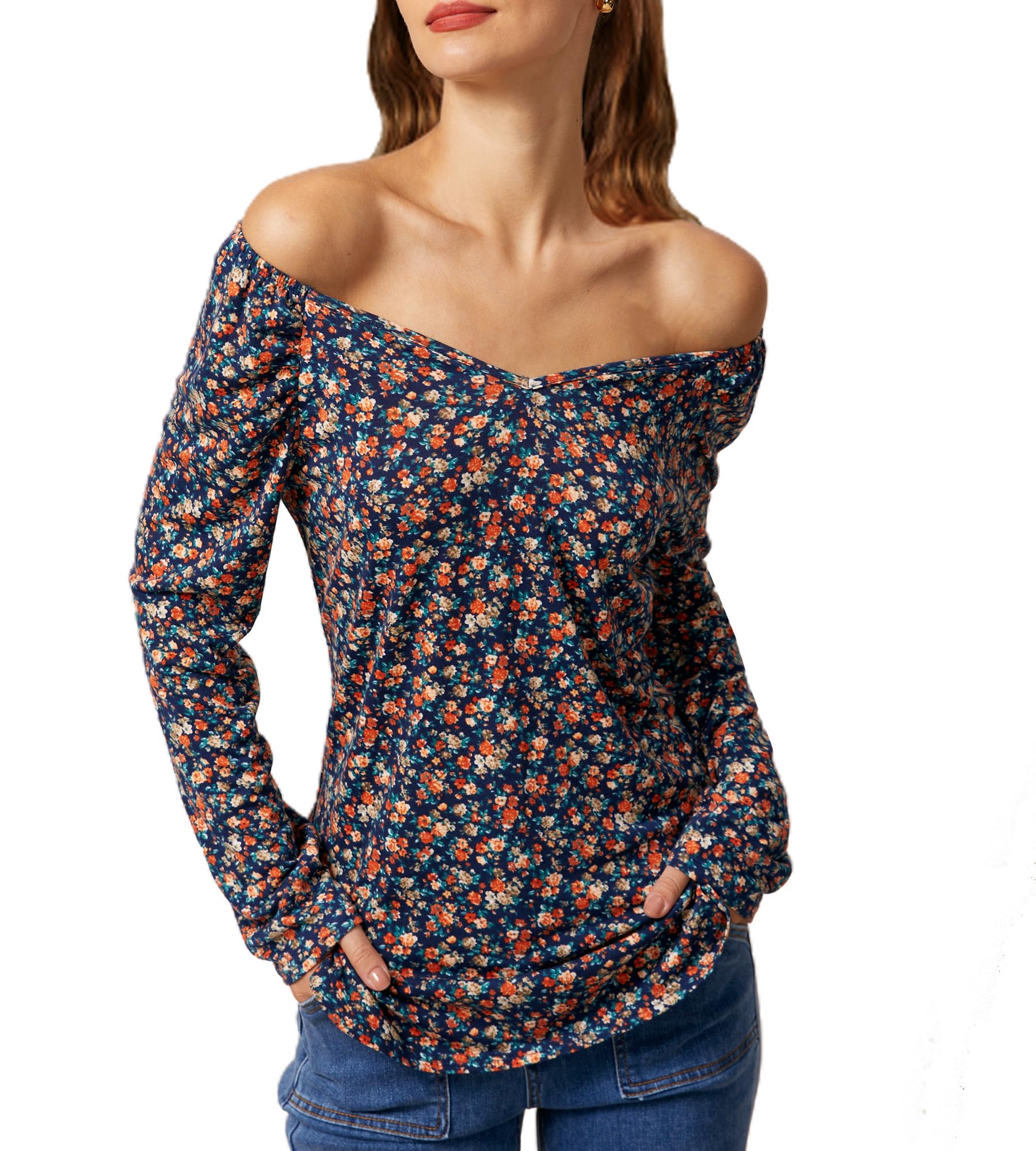 Photo 1 of Lanmia Womens Off The Shoulder Square Neck Puff Long Sleeve Tunic Top Floral a XL