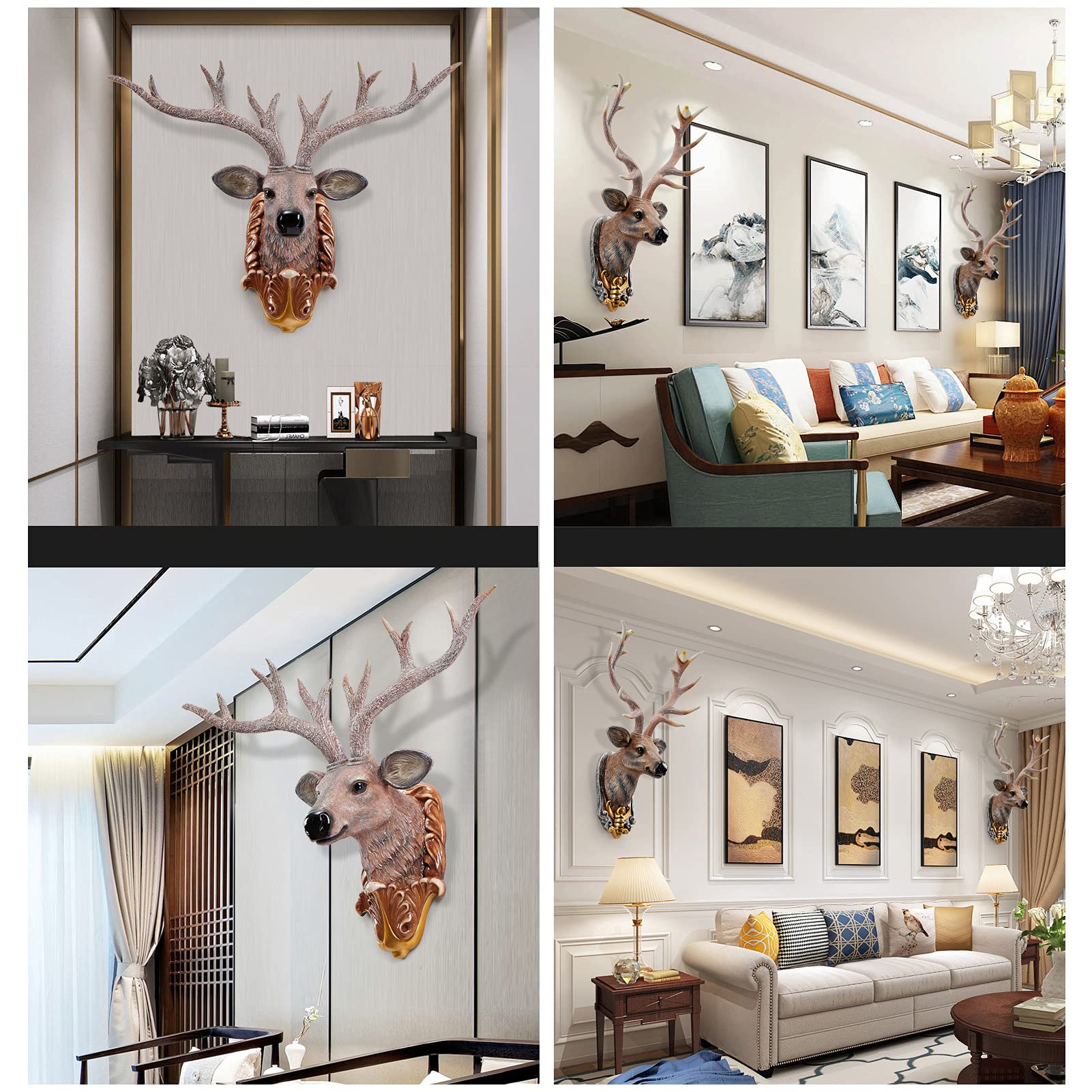 Decorazione da parete Testa di cervo,Scultura artigianale in resina testa cervo decorazione per la casa montate a parete,Ciondolo per decor da parete con testa di falsi taxidermia cervo corna galler