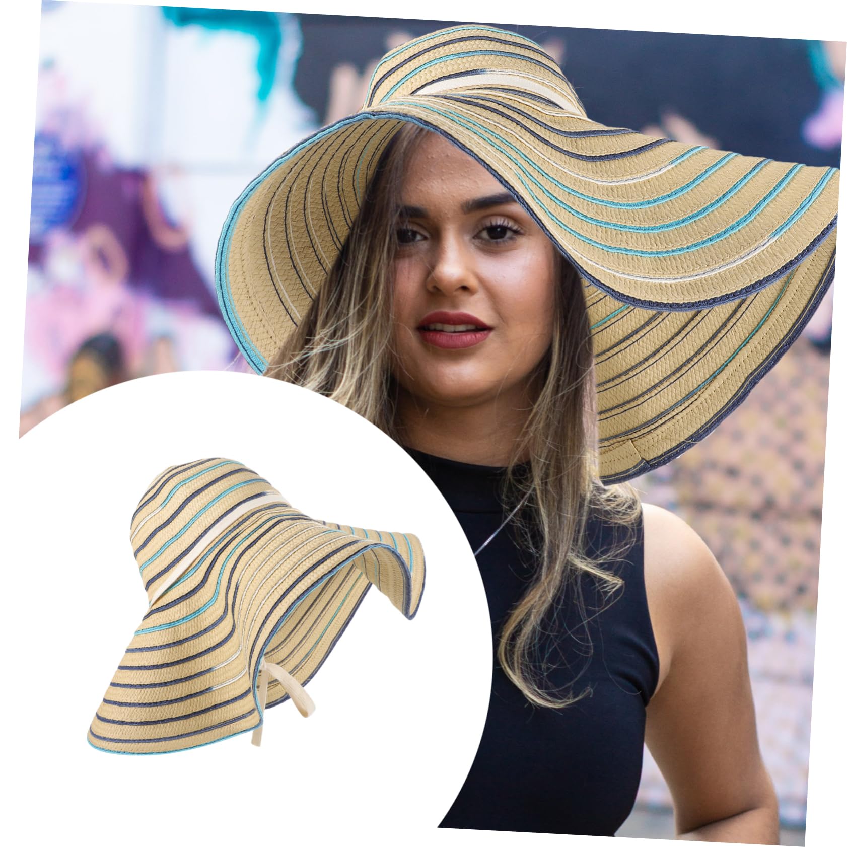 FOMIYES Cappello da Spiaggia in Paglia Falda Larga 17cm, Cappello da Sole Pieghevole per Donna Protezione Solare, Design a Righe Colorate, per Spiaggia e Viaggi